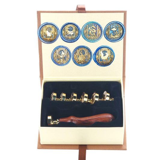Wax Seal Stamp Kit, HOSAIL 7 Pieces Star Dragon Cat Peacock Whale Mermaid Fox Flamingo SealingWax Stamps Copper Seals + 1 Piece Wooden Hilt, Vintage Antique Moon Starry Cat Seal Wax Stamp Set