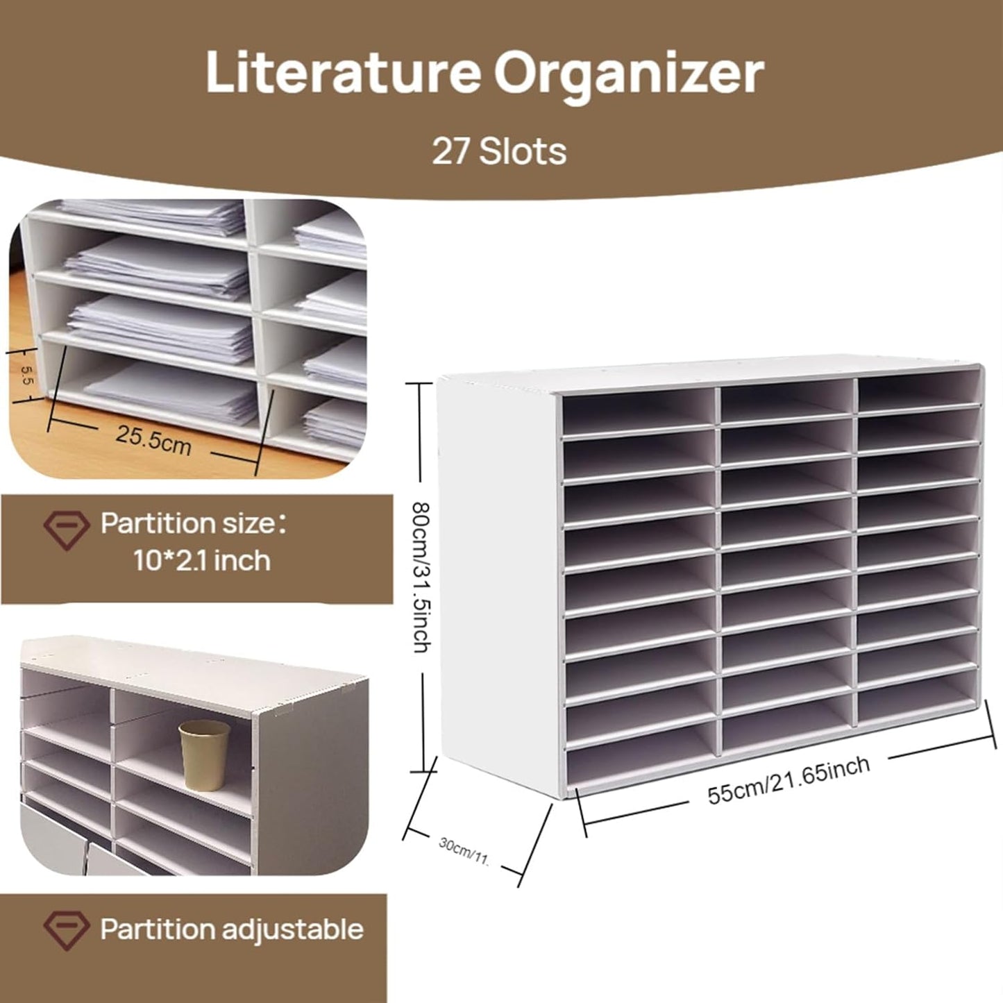 Literature Organizer - 27 - Slot Desktop File Sorter & Mail Center, Paper Storage Cabinet for Home, School & Office（White）