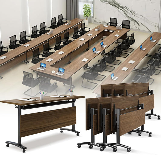Folding Conference Room Table, Modern Conference Tables with Wheels, Large Rectangular Mobile Training Tables for Office Classroom, Foldable Modular Boardroom Seminar Table Walnut (6pack L55.1in)