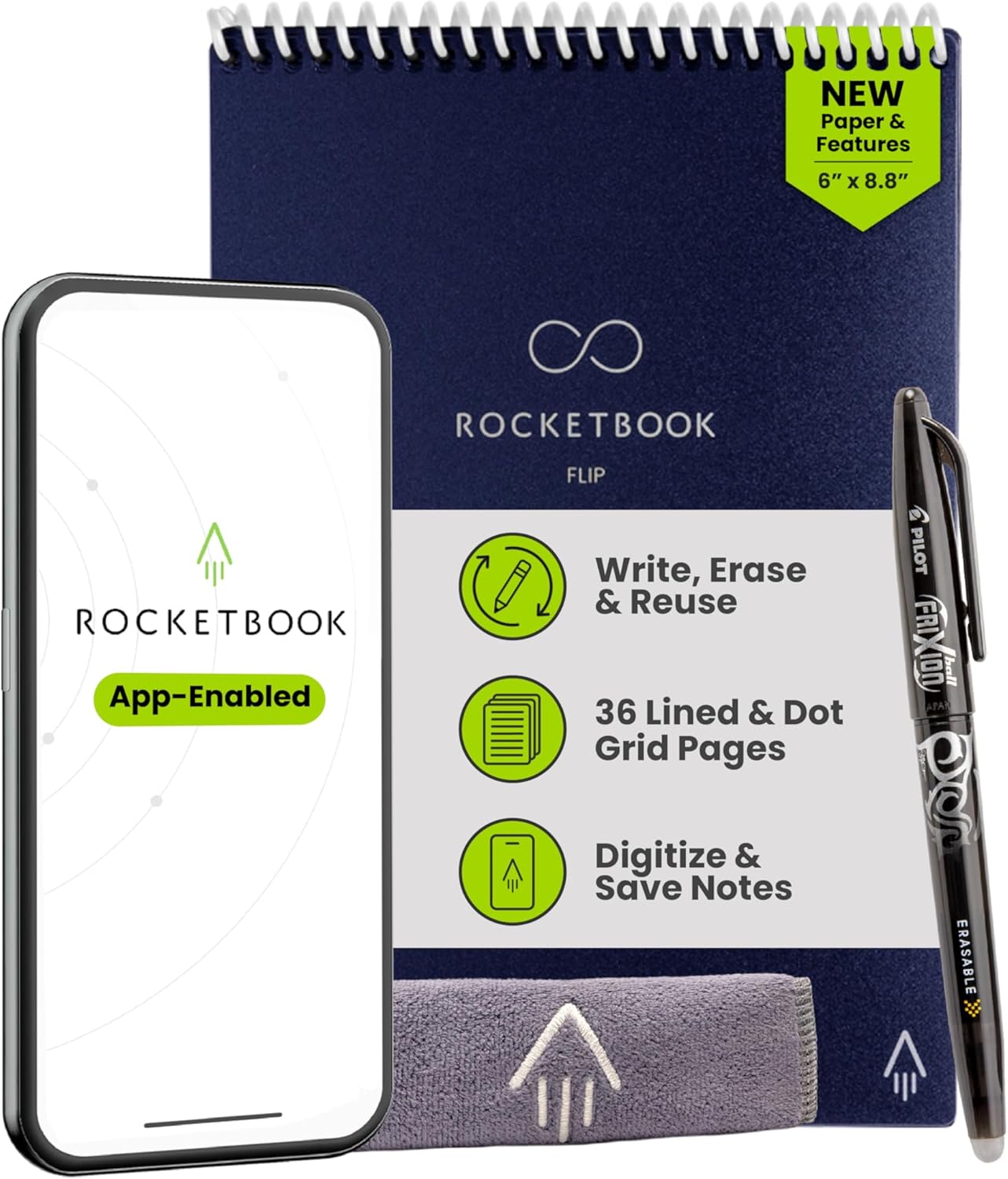 Rocketbook Flip Reusable Smart Notepad, Top Bound Notebook Executive Size 6x8.8, Navy Blue - Lined and Dotted Pages, App-Connected, Erasable, Ideal for Righties and Lefties