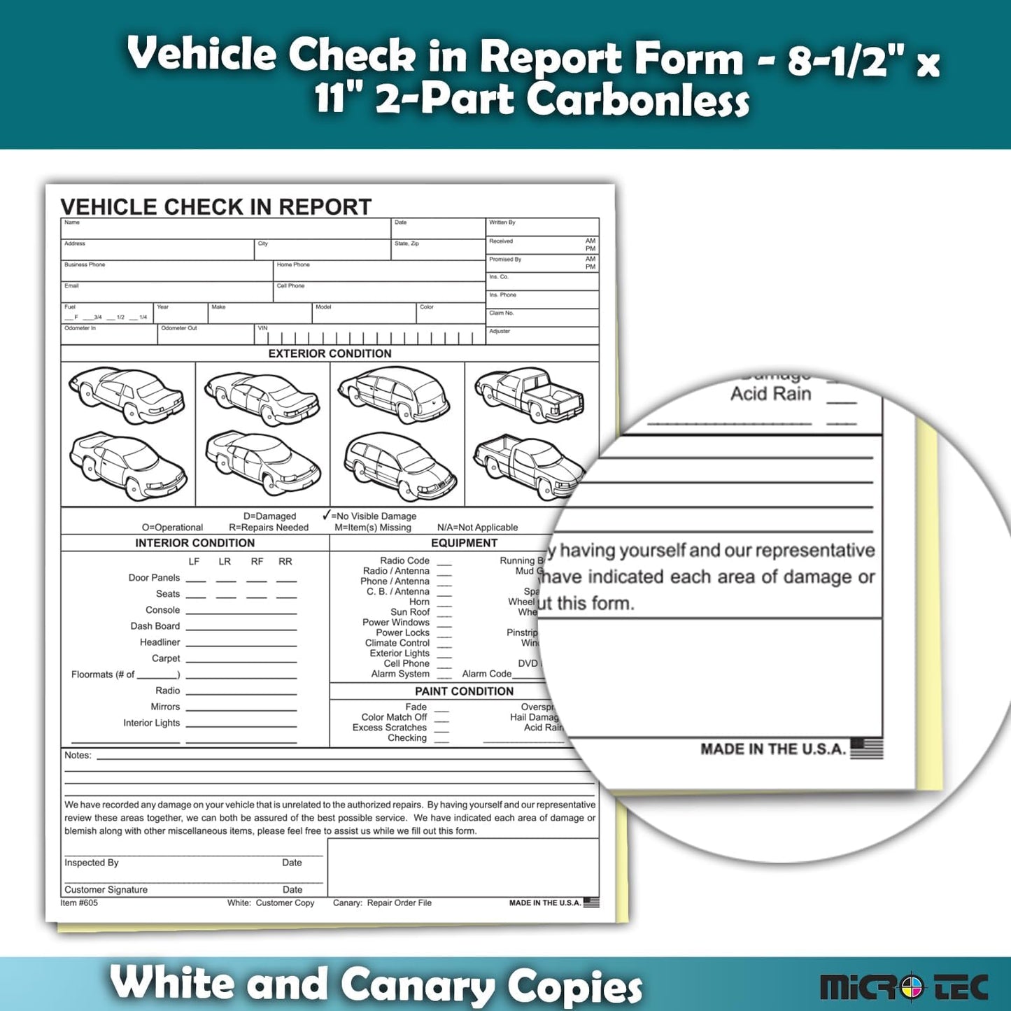 Vehicle Check-In Form Pad – 8.5" x 11" 2-Part Carbonless Auto Condition Report – White & Canary Copies – Service Intake Sheet for Car Dealerships, Repair Shops & Mechanics – Pack of 100