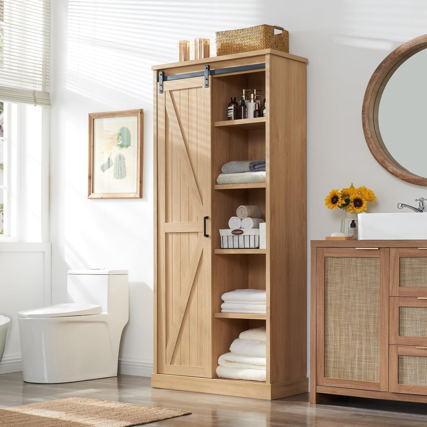 72” Tall Farmhouse Bookshelf, 32” Wide Large Wooden Bookcase w/Sliding Barn Door, 5-Tier Storage Cabinet with Adjustable Shelves, Modern Versatile Cabinet for Living Room, Offices, Natural Oak