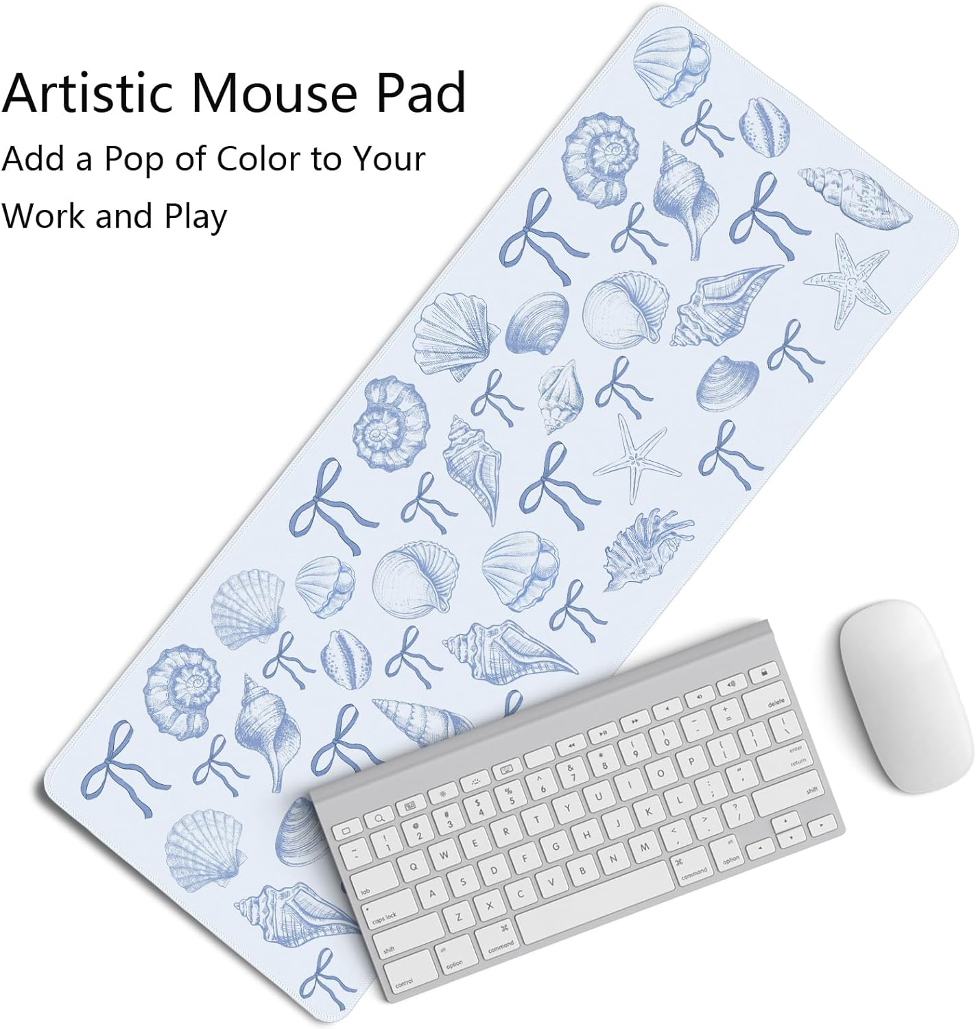 Blue and White Seashell Bow Mouse Pad,Coastal Beach Mouse Pad,XL Large Ocean Beach Seashell Desk Mat,Girly Vintage Summer Beachy Gaming Pads,Girly Summer Desktop Decor Art,31.5x11.8In