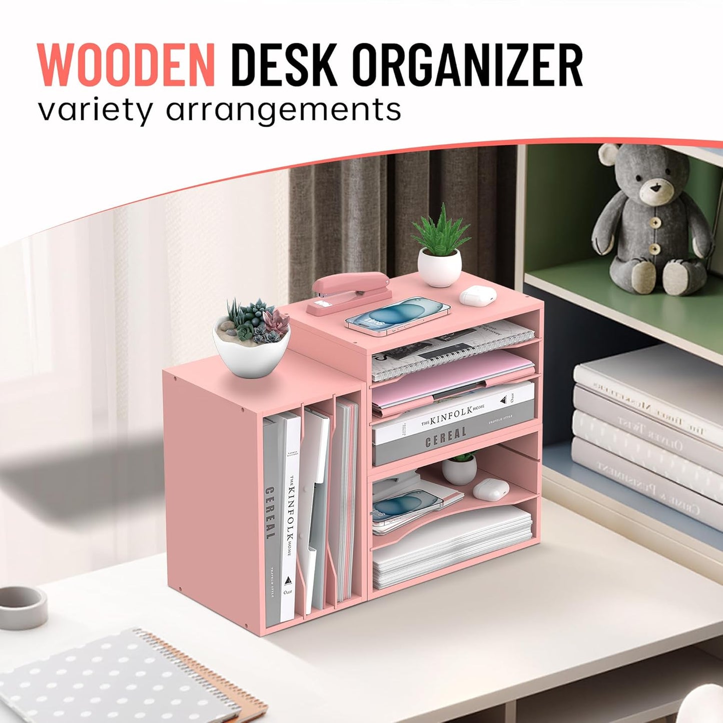 Wood Desk Organizer, 3 Tier Paper Tray Organizer for Desk with Adjustable Storage Shelves, Desktop Paper Sorter Mail Holder for Office Home Classroom, Pink