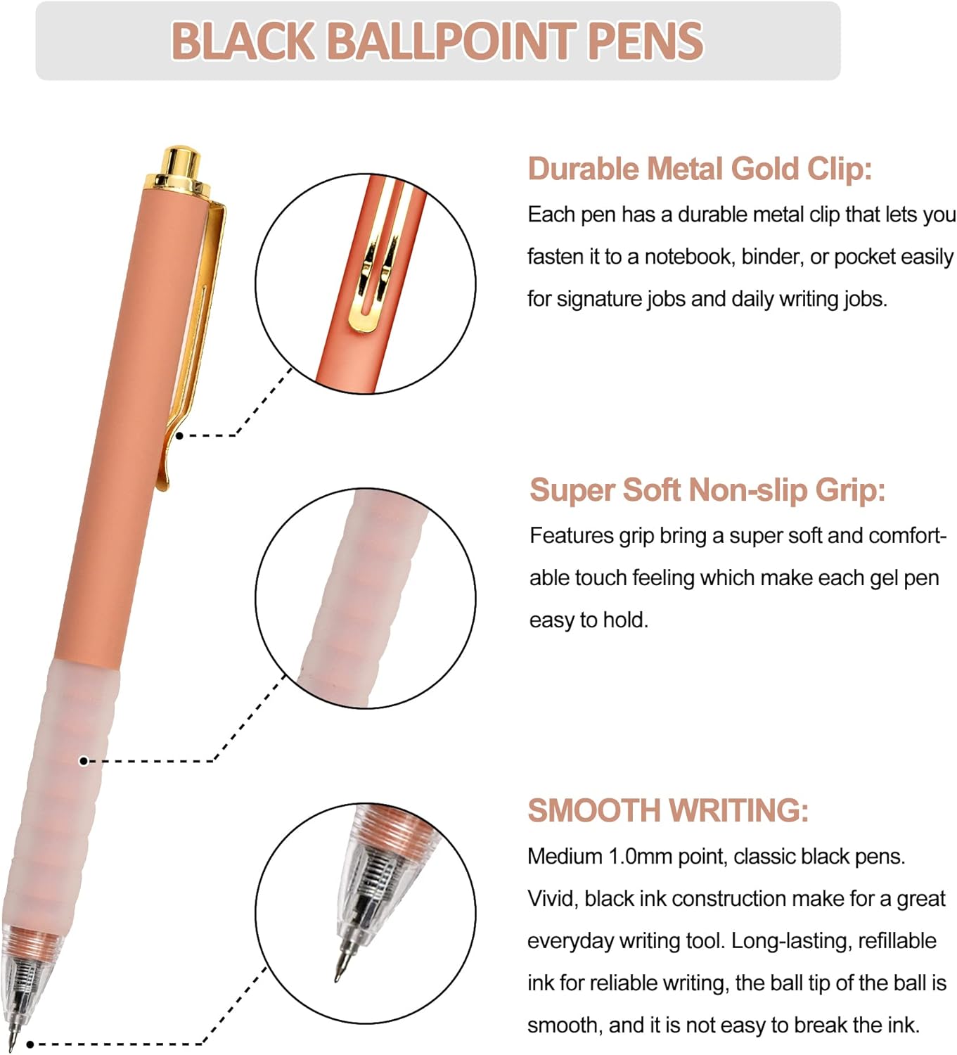 Linbsunne Ballpoint Pens Medium Point 1mm Black Ink Work Pen with Super Soft Grip Ball Point Pen for Men Women Retractable Office Pens (Gold Clip-6 count)