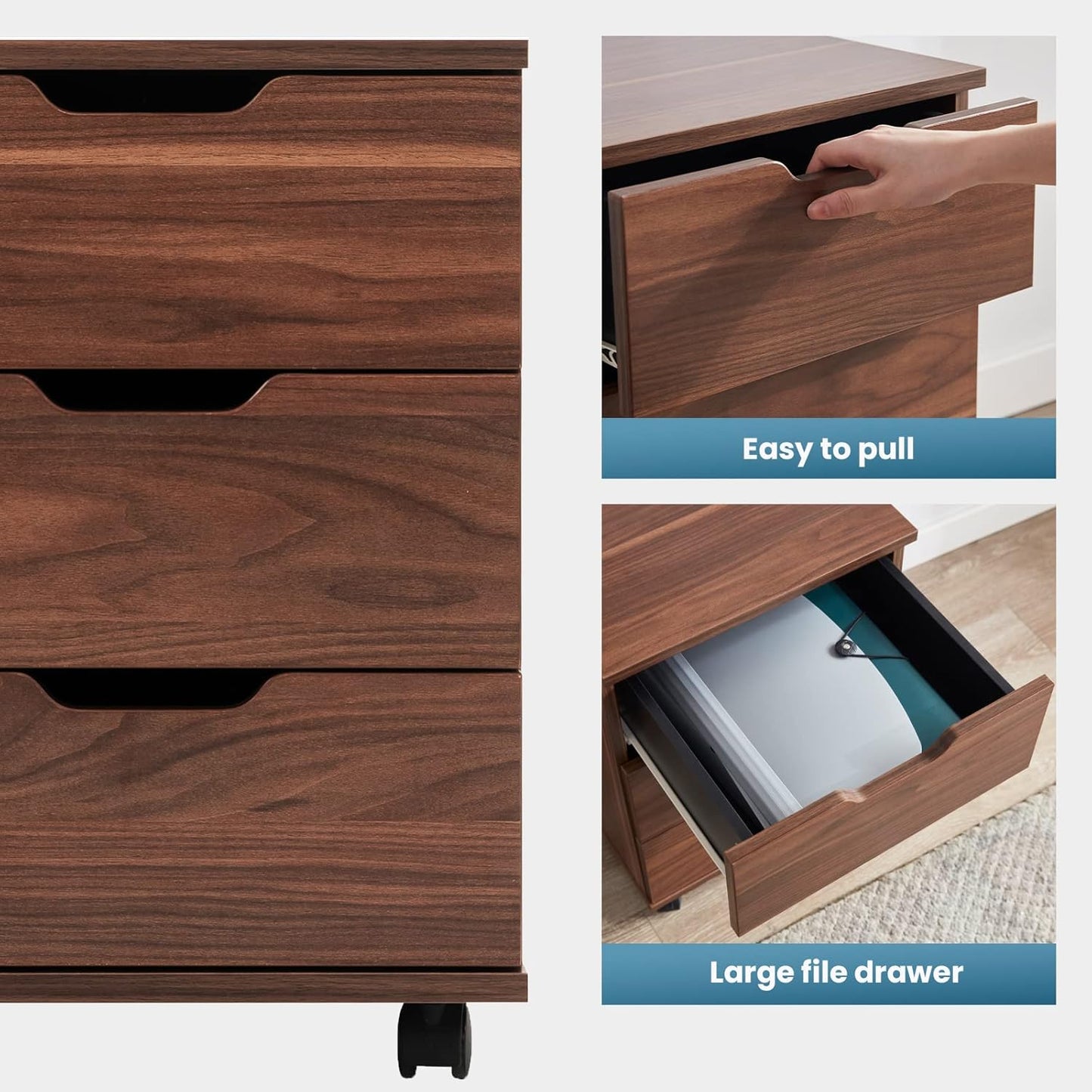 Farini Mobile File Cabinet for Home Office, 3 Drawer Chest Wood, Drawers Unit for Under Desk, Storage Drawers Cabinet Brown