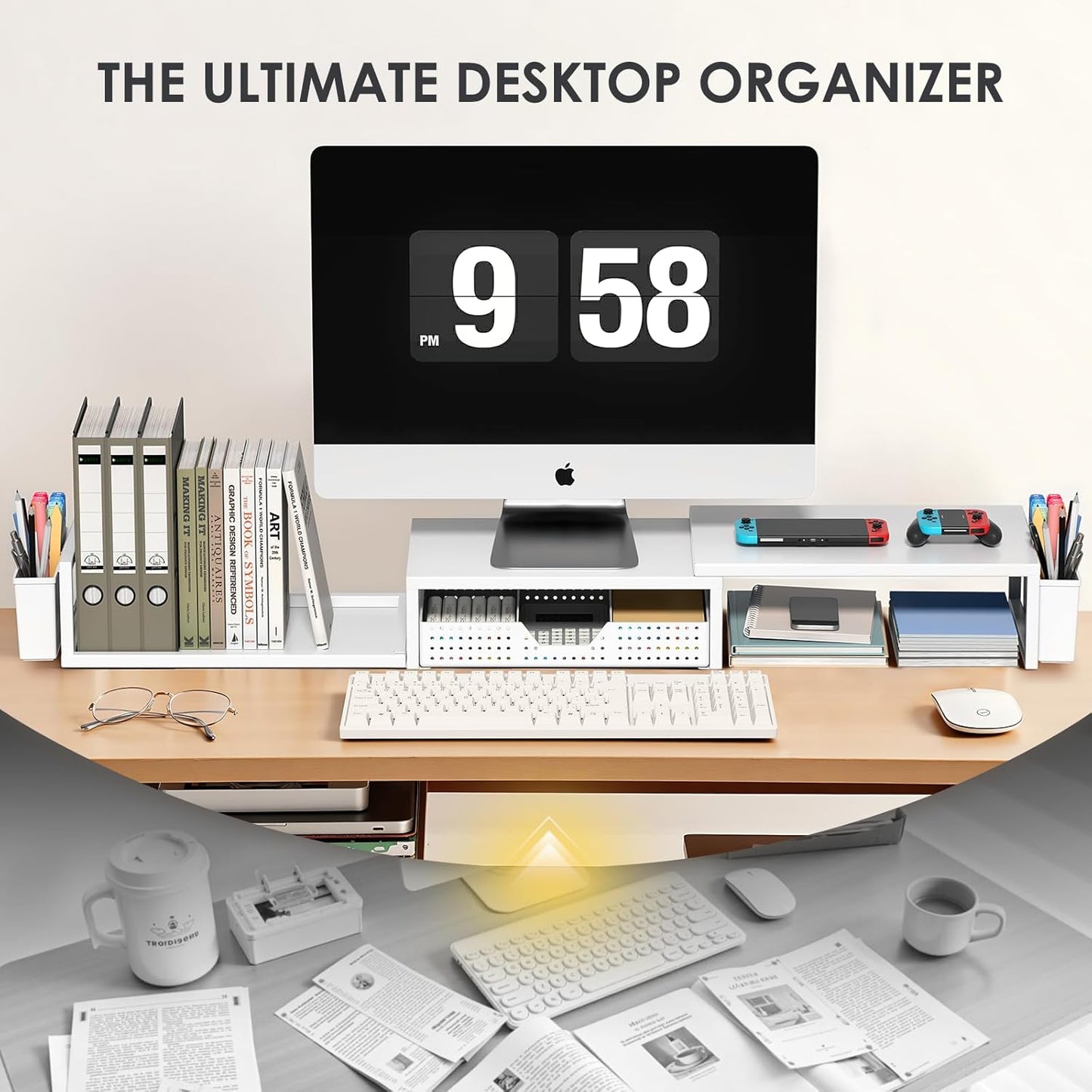 White Dual Monitor Stand Riser, Metal Desk Organizers and Accessories with Drawer and 2 Pen Holders, Computer Monitor Stand for Desk
