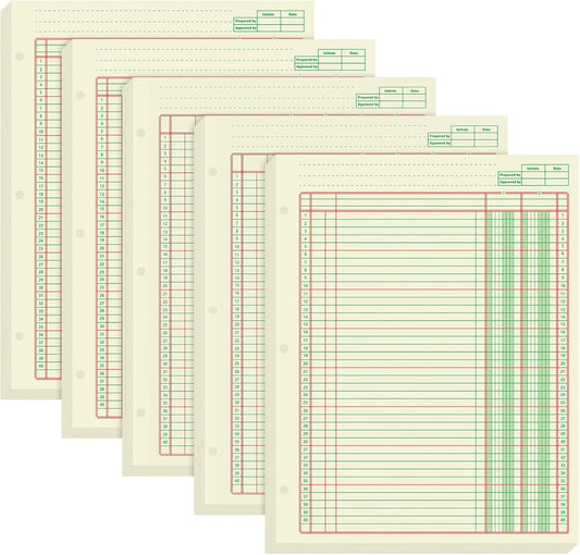 Fulmoon 5 Pack 250 Sheets Ledger Paper Accounting Columnar Pads 3 Hole Analysis Accounting Ledger Book for Business, 50 Sheets/Pack, Single Page Format, Green(8.5 x 11 Inch,2 Columnar)