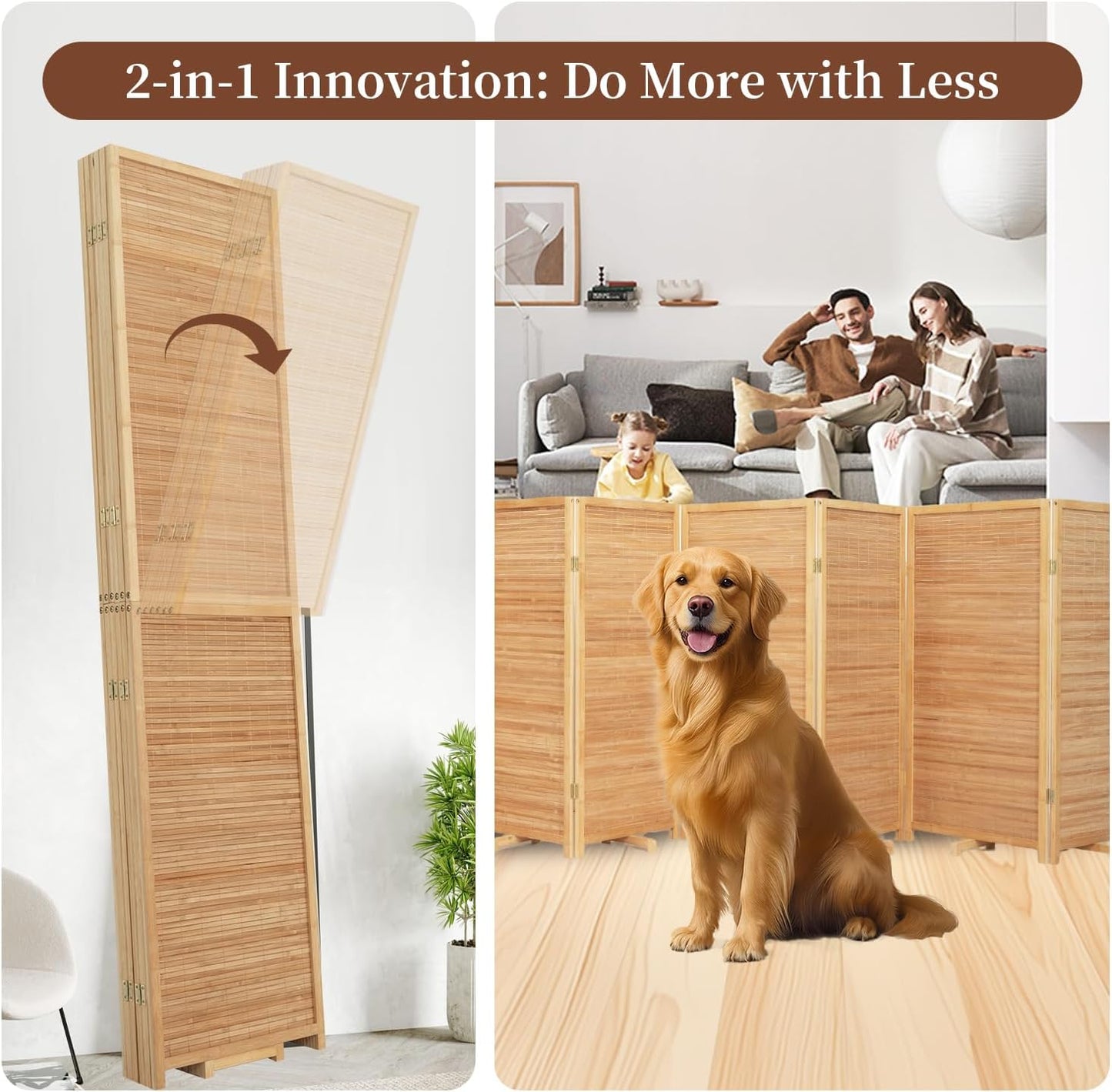 Bamboo Room Divider 6 Panel Wall Divider, 106'' W x 67'' H Folding Design with Extra Stable Base, 100% Bamboo Room Divider Screen for Room Separation, Chinese Room Partitions and Dividers Freestanding