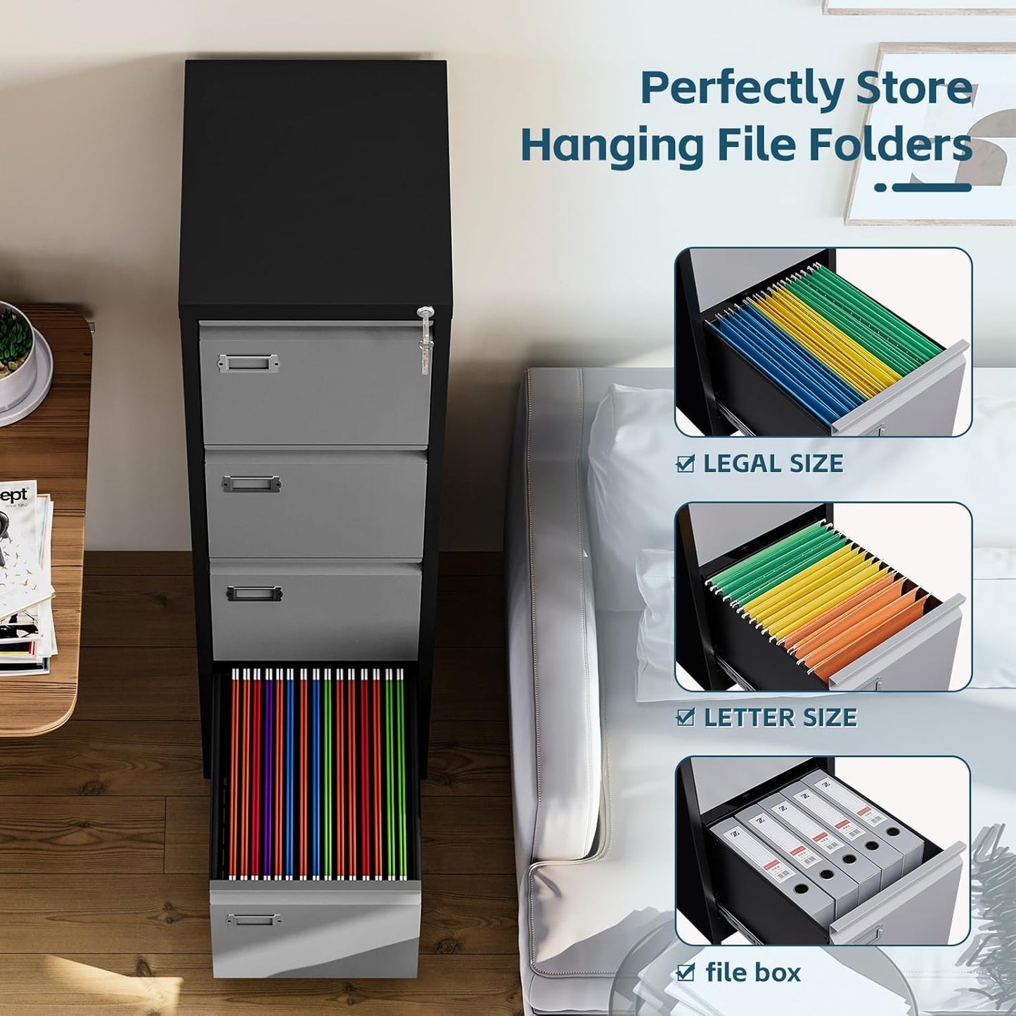 MIIIKO 4 Drawer File Cabinet, Metal Vertical Filing Cabinets with Lock, Home Office File Folders Storage Cabinet for Letter Legal A4 File Size