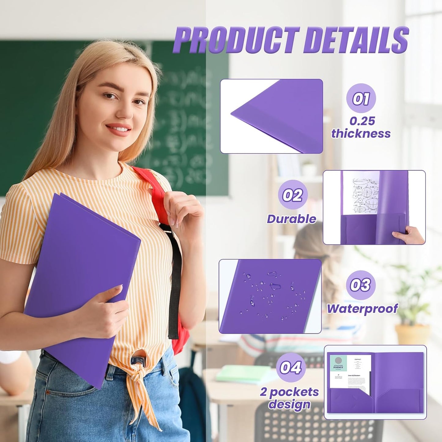 Gueevin 400 Pcs Two Pocket Folders Bulk Plastic File Folder with 2 Pockets Letter Size Paper Heavy Duty Durable Portfolios Case for Home Office School Business 11.61 x 9.45 Inch (Purple)