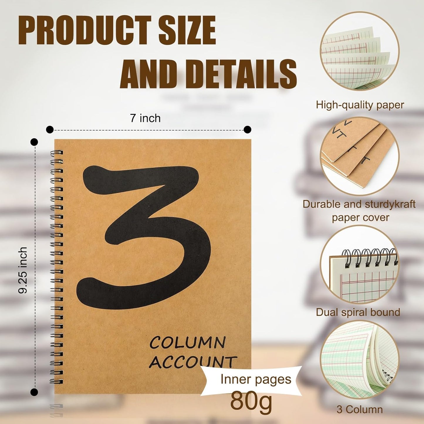 1Pcs Accounting Ledger Book 3 Column 7 * 9.25inch Columnar Notebook Columnar Pad 3 Columns Kraft Paper Cover 100 Pages for Personal Use Small Business(50 Sheet)