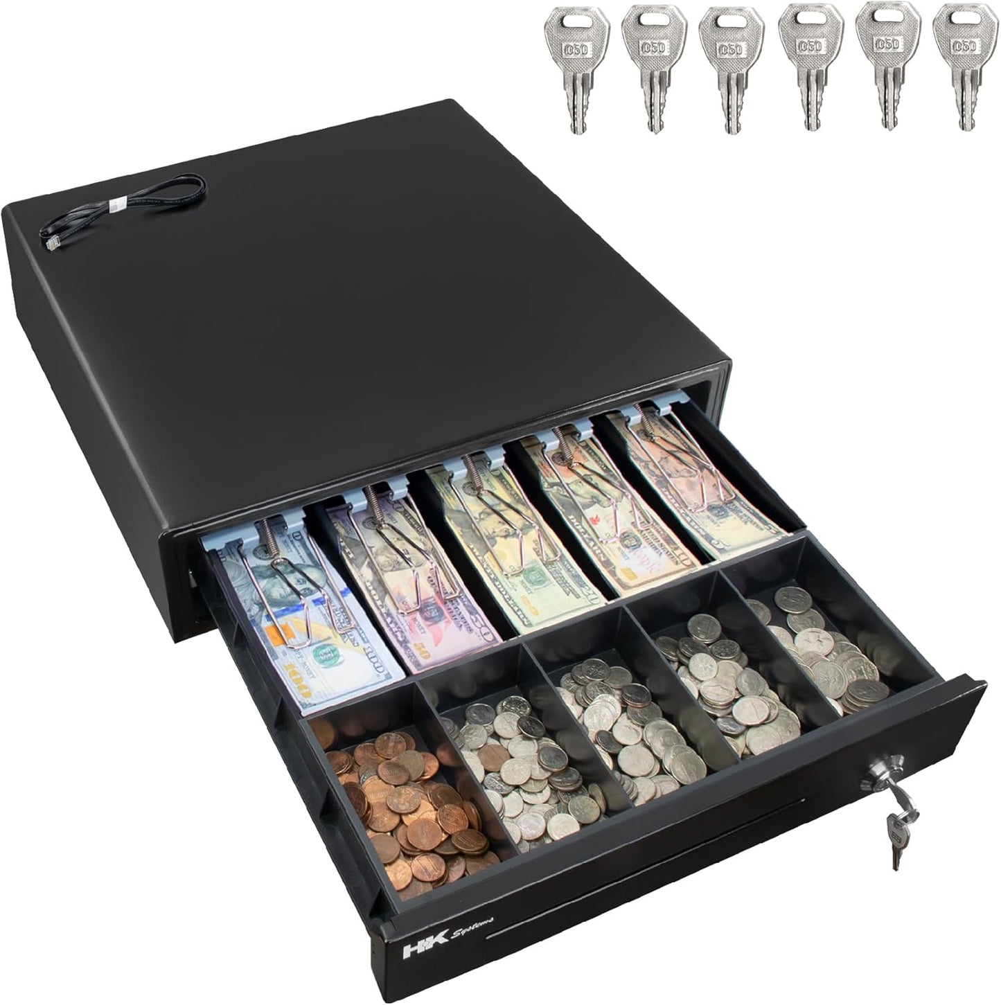 HK SYSTEMS 16inch Heavy Duty POS Cash Drawer with 5Bill/5Coin, Removable Coin Compartment, 24V, RJ11, Single Large Media Slot, Black