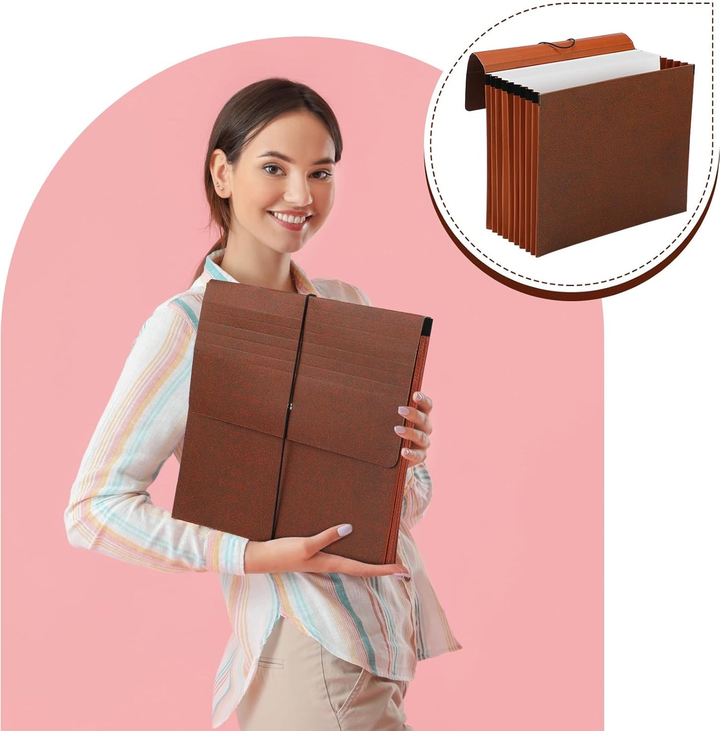 PerKoop 1 Pcs Expanding File Folder with Flap 7 Inch Expansion Expanding File Wallet with Elastic Cord Closure Letter Size Heavy Duty Document Organizer, 10 Slots, Brown
