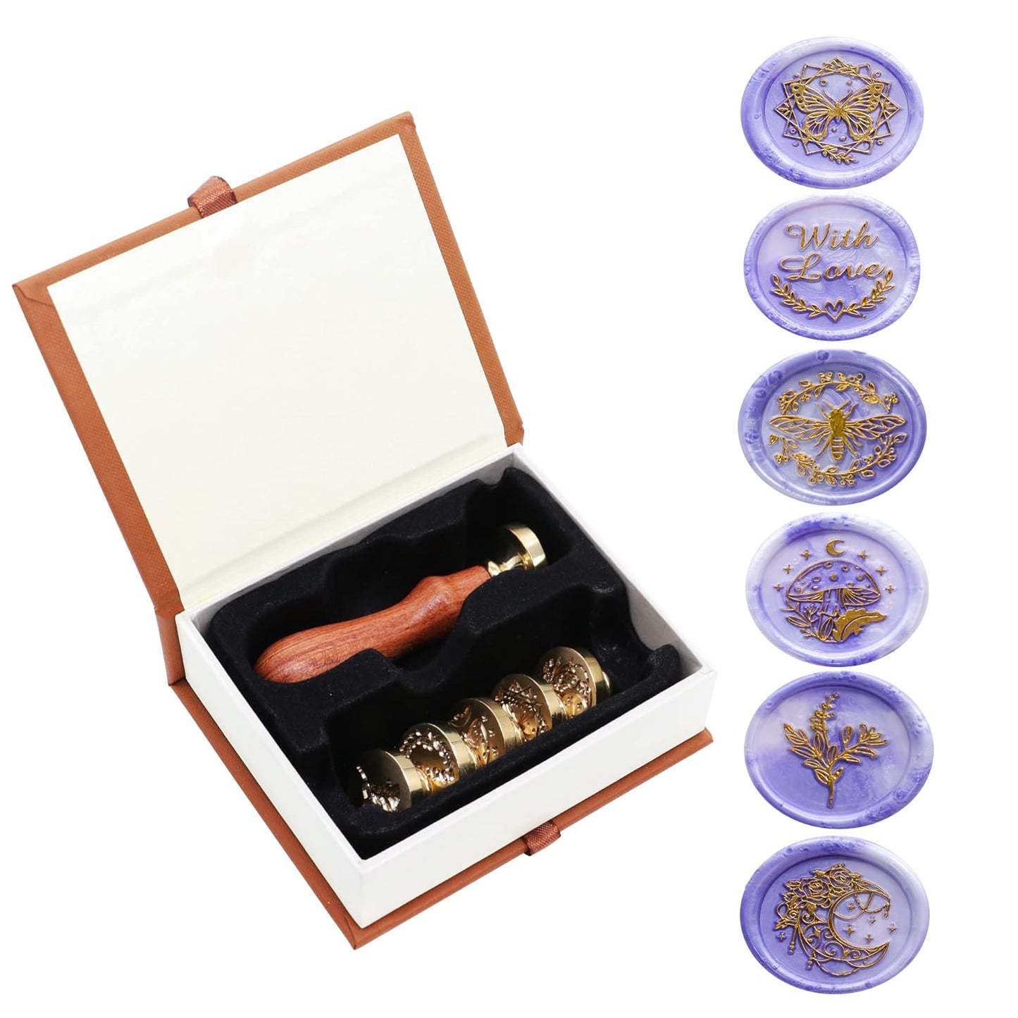 SWANGSA Wax Seal Stamp Set, Vintage 6 Pieces Sealing Wax Stamp Heads and 1 Wooden Handle for Wedding Party Invitations, Letters, Envelopes, Christmas (with Love Bee Monn Eucalyptus Set)