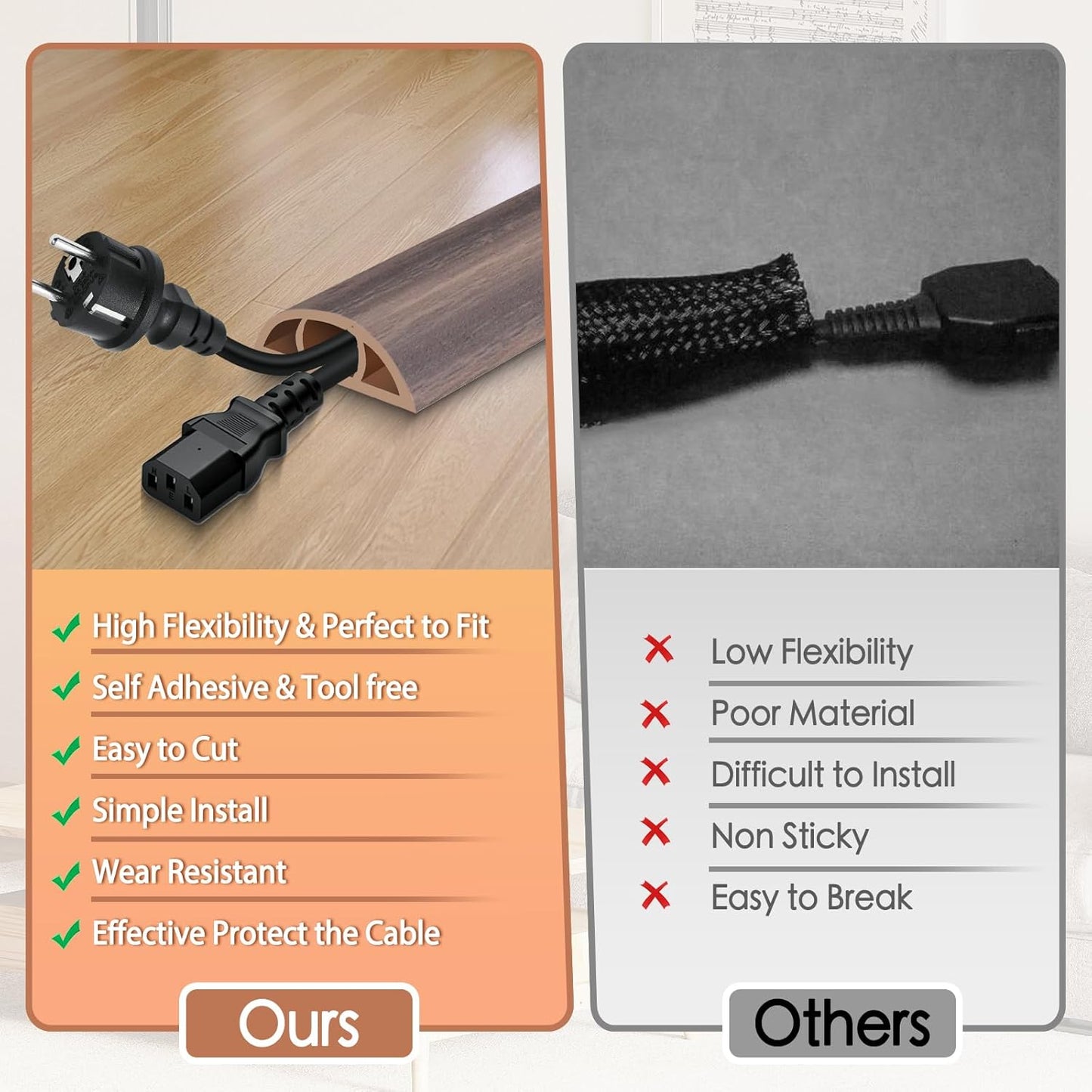 Floor Cord Cover for Wires on Floor Self Adhesive Cord Hider Floor Cable Management Wire Covers for Cords Protector Prevent Cable Trips Cord Cavity W 0.47" x H 0.27", Grayish Brown Wood, 10Ft