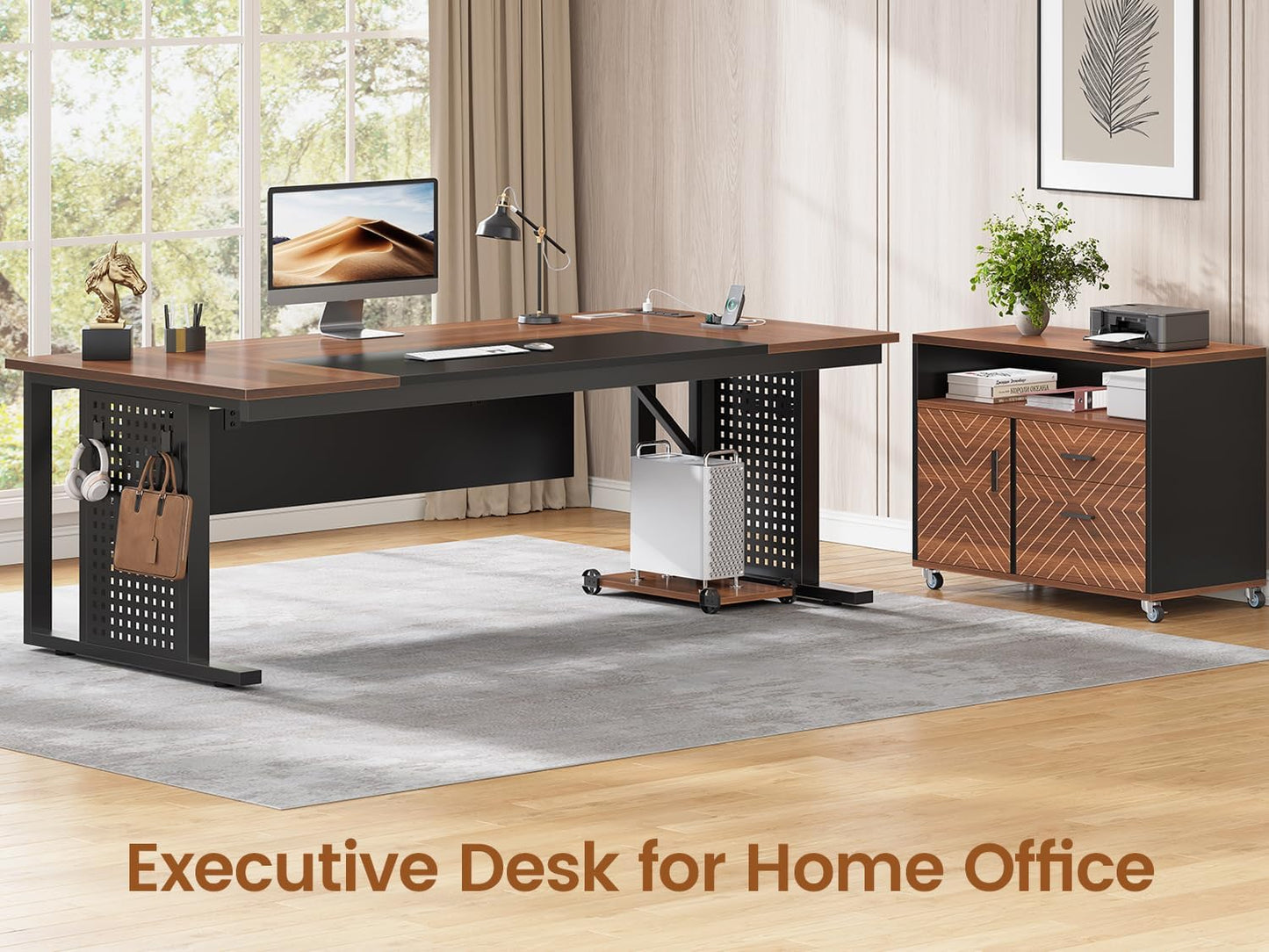SEDETA 71" Executive Desk with Rolling File Cabinet, Large Office Desk with Drawers, L Shaped Computer Desk with Power Outlets, CPU Stand, Pegboard and Storage Shelves, Brown