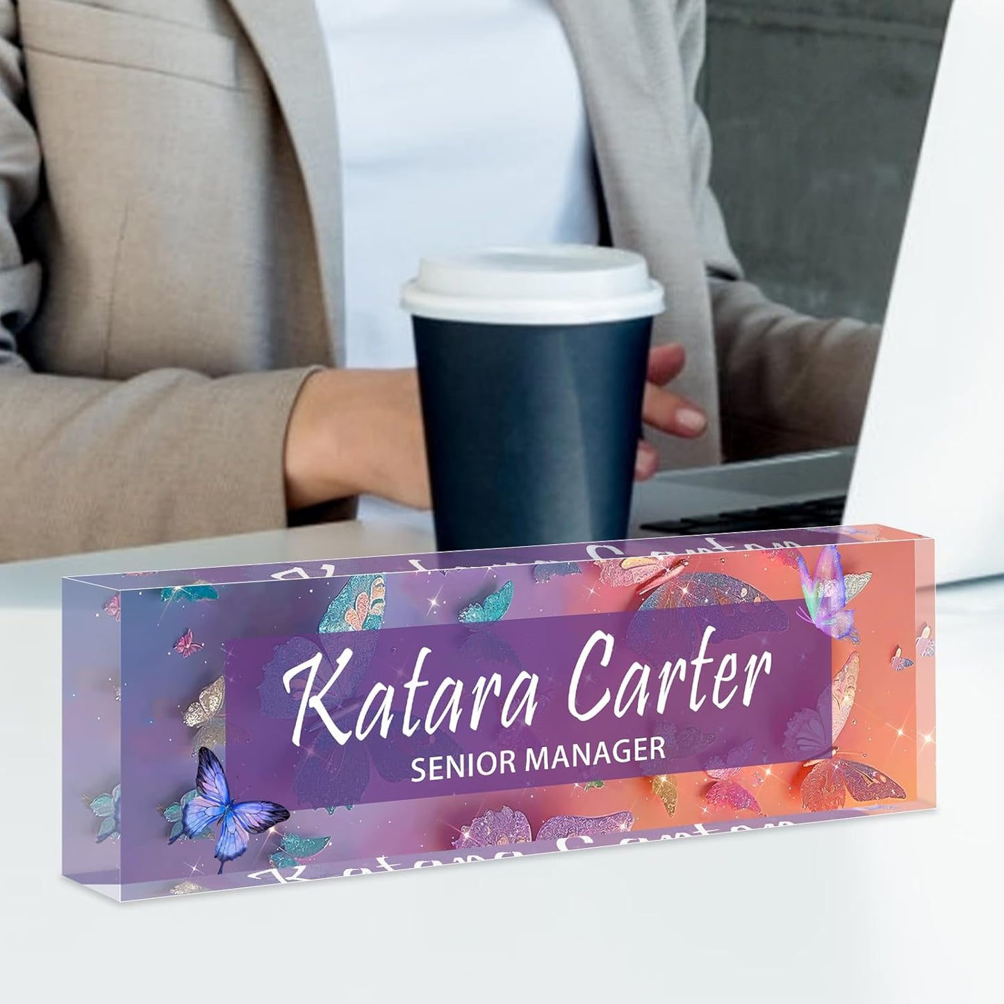 Name Plate for Desk Personalized, Acrylic Desk Decorations, Employee Appreciation Gifts, Custom Office Gifts for Coworkers, Boss, Teacher, Nurse (Orange Purple Butterfly)