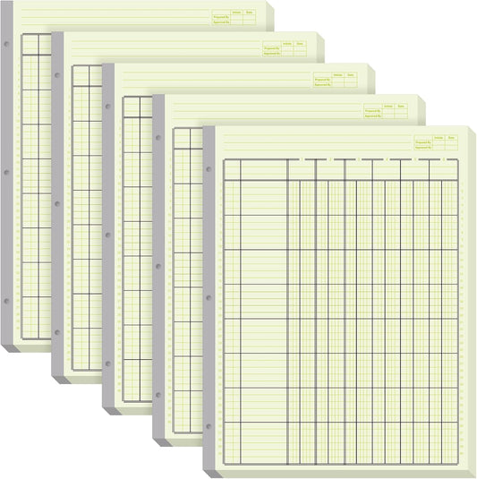 Zhanmai 5 Pack 250 Sheets Analysis Columnar Books 3 Hole Accounting Ledger Book Ledger Paper Pad Columnar Pad for Business, 50 Sheets/Pack, Single Page Format, Green(6 Columnar,8.5 x 11)