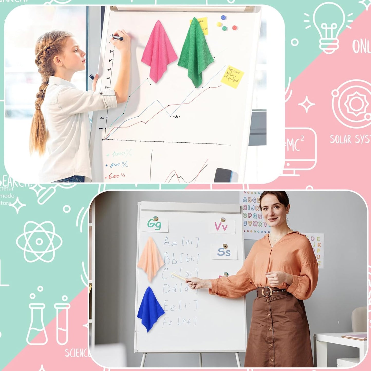 6 Pack Magnetic Whiteboard Cleaning Cloth Extra Strong Magnetism 10'' X 10'' Colorful Microfiber Dry Erase Cloth Reusable Washable Whiteboard Eraser for Classroom, Home and Office Use(Murphys Color)