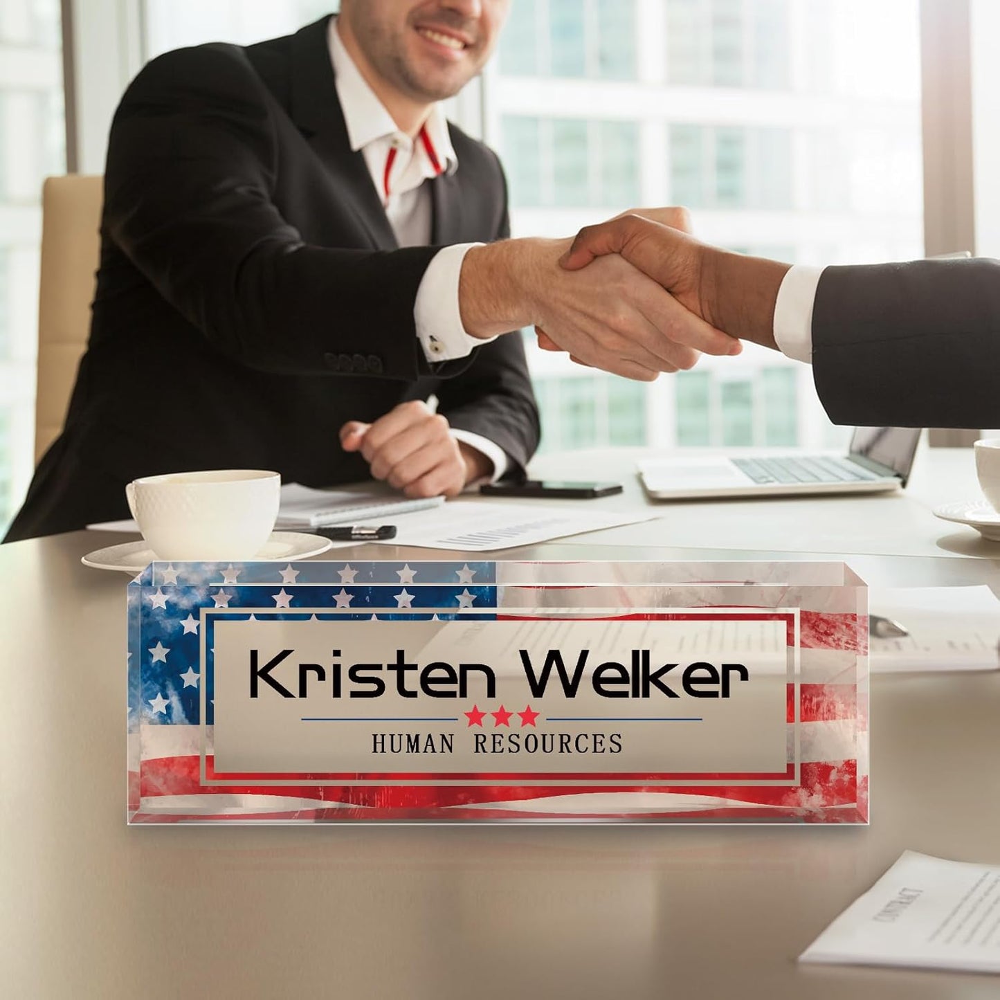 Personalized Name Plate for Desk - Custom Engraved Name Plates for Man - Boss Day Gifts for Boss - Acrylic Office Decor Appreciation Gifts for Teacher Nurse Coworker Social Worker (Flag)