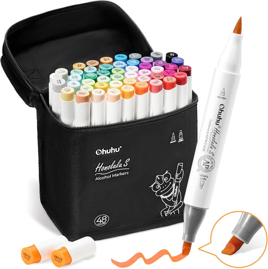 Ohuhu Alcohol Markers: Soft Chisel Red Dot Design Award Winner 48-color Brush & Soft Chisel Dual Tips Drawing Markers for Artists Beginners Adults Coloring Illustration Sketching - Honolulu S