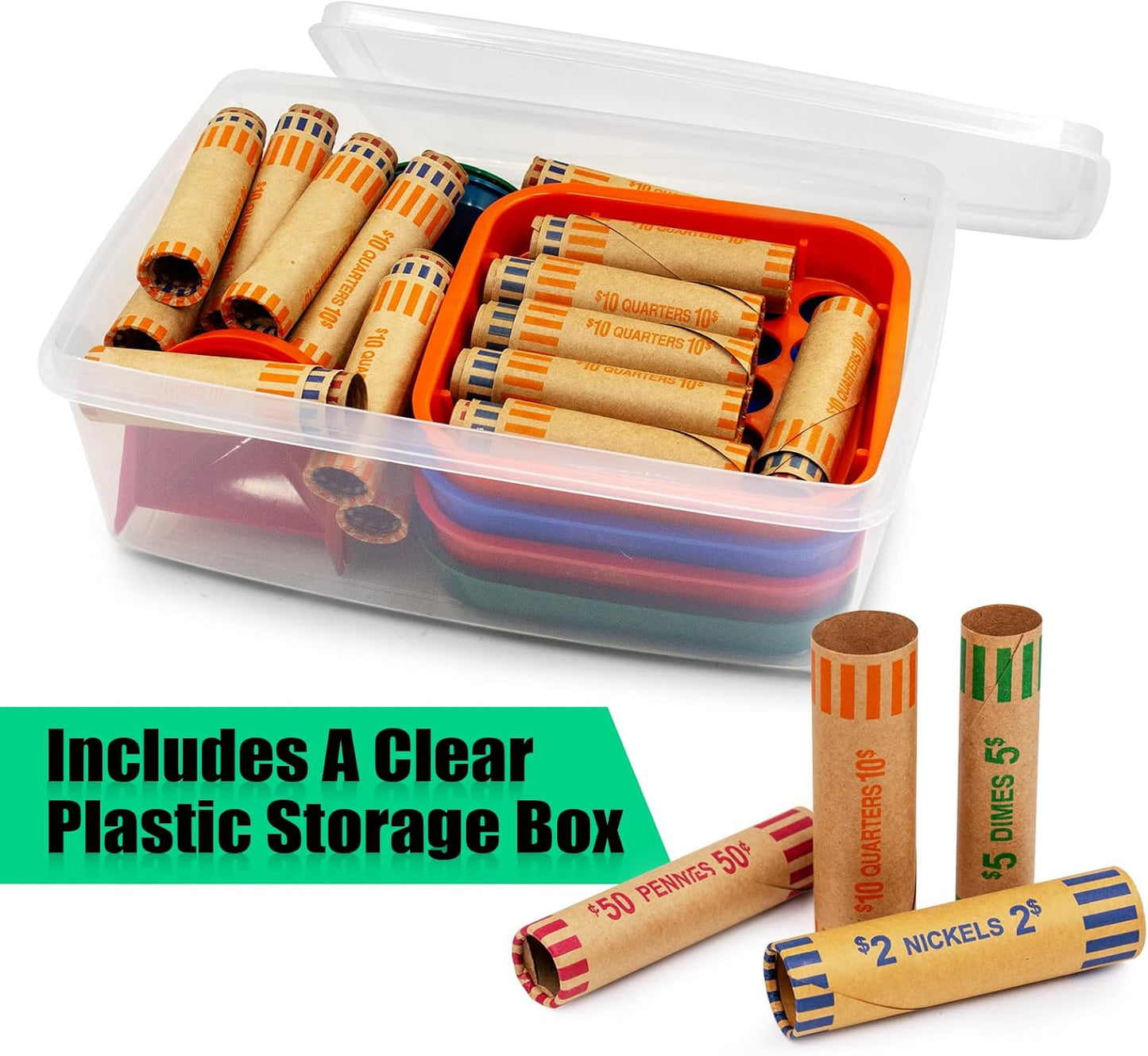 Coin Sorter Tube & Coin Sorter Tray - 4 Color Coded Coin Separator Trays and Coin Sorters Tubes Bundle with 72 PCS Preformed Coin Wrappers