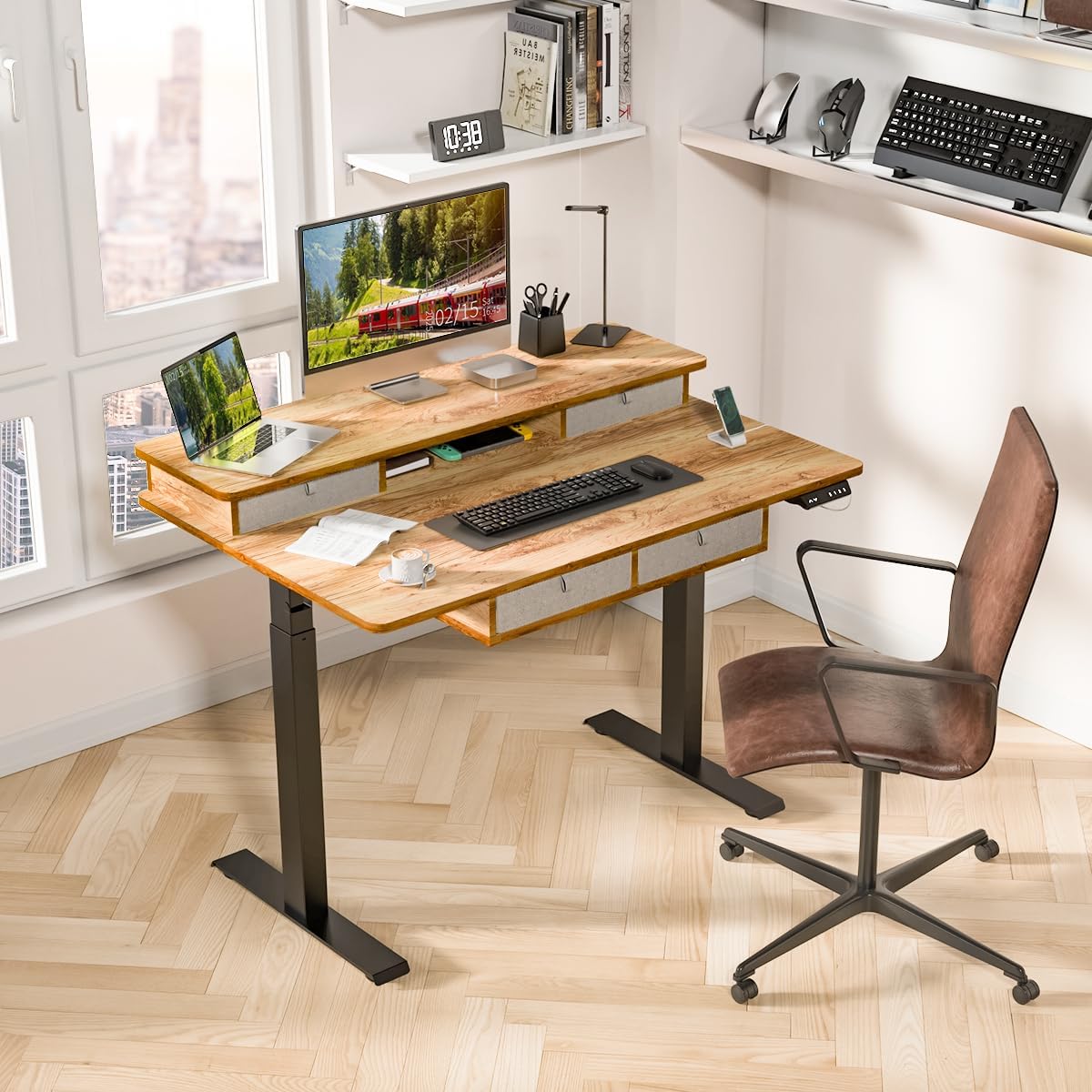 Standing Desk with Fast Charging USB Ports, 48" x 30" Height Adjustable Home Office & Gaming Desk, Sit Stand Desk with Built-in Storage Shelf, Hook & Ergonomic Design(Light Rustic)