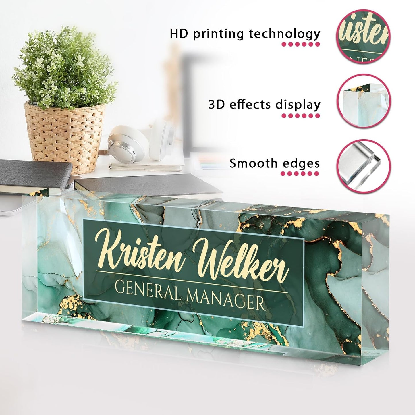 Personalized Name Plate for Desk - Custom Engraved Name Plates for Man - Boss Day Gifts for Boss - Acrylic Office Decor Appreciation Gifts for Teacher Nurse Coworker Social Worker (Emerald)