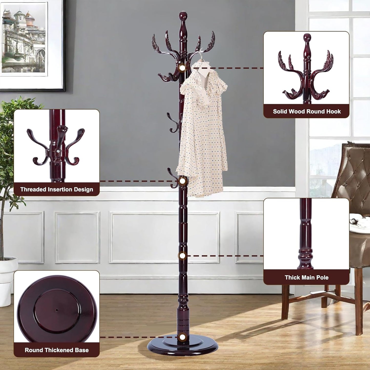 Solid Wood Coat Rack – 72" Freestanding Coat Racks Stand with 14 Hooks & Stable Base, Adjustable Height Modern Wooden Hall Tree for Entryway, Bedroom, Office, Home (Mahogany Phoenix Hook)