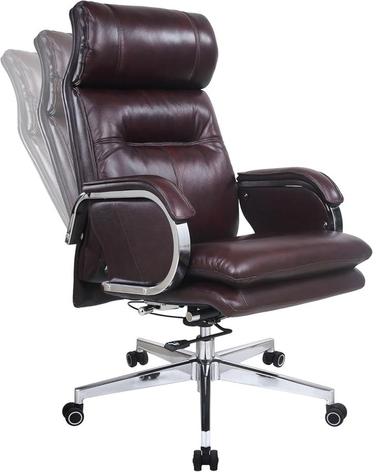 Genuine Leather Modern Executive Chair High-Back Support 90 to 150 Degrees Tilt and Upholstered Home Desk Chair with Base 360LB Capacity Swivel Computer Office Chair (Brown)