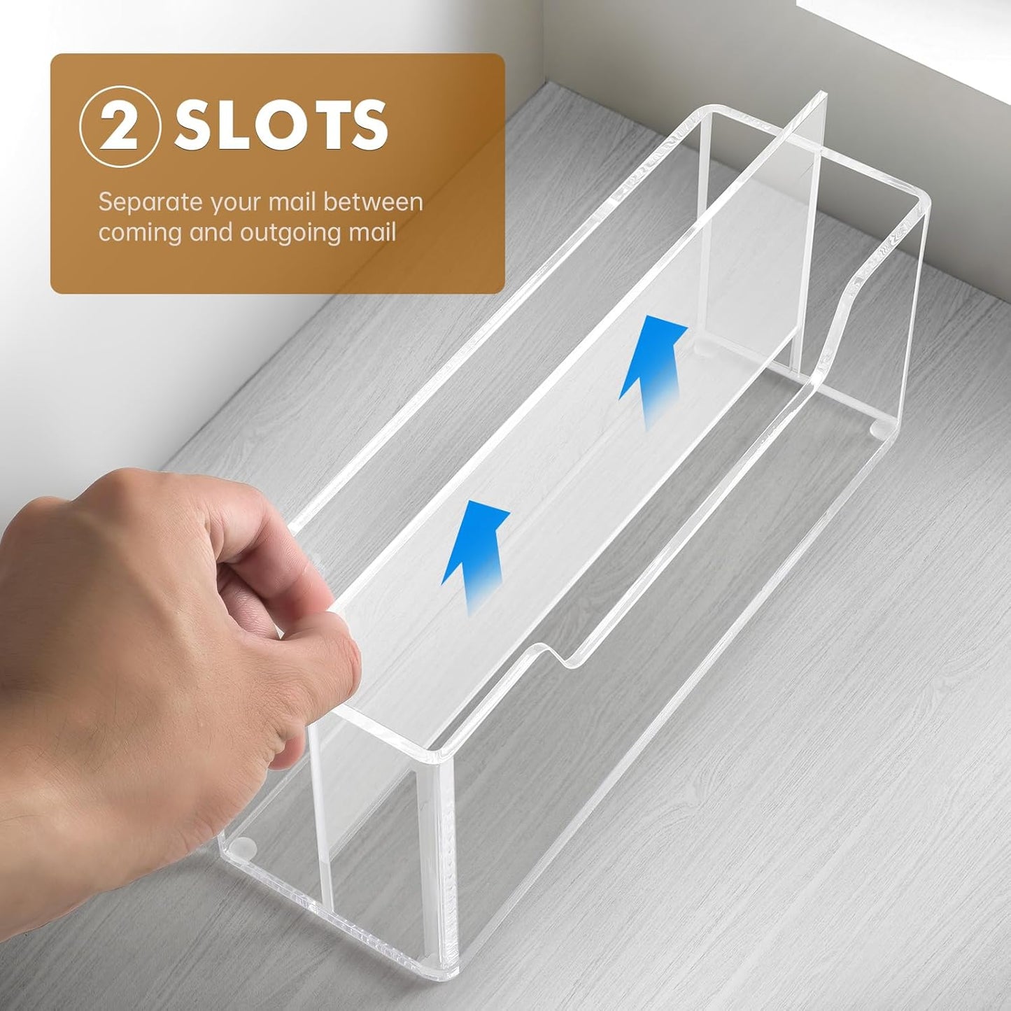 BEYGORM Acrylic Mail Organizer for #10 Envelopes, 2-Slot Wall-Mounted & Countertop Letter Holder, Clear Hanging Mail Rack for Home Office