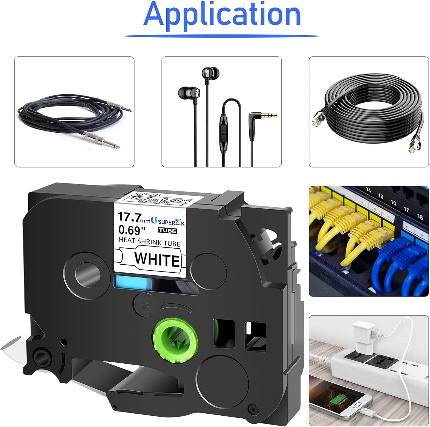 10PK Compatible for Brother Ptouch HSe-241 HSe241 HS-241 HS241 Black on White Heat Shrink Tube Label Tape use in PT-D400 PT-D600 PT-E300 PT-E500 PT-P750WVP Printer (0.69''x 4.92ft)