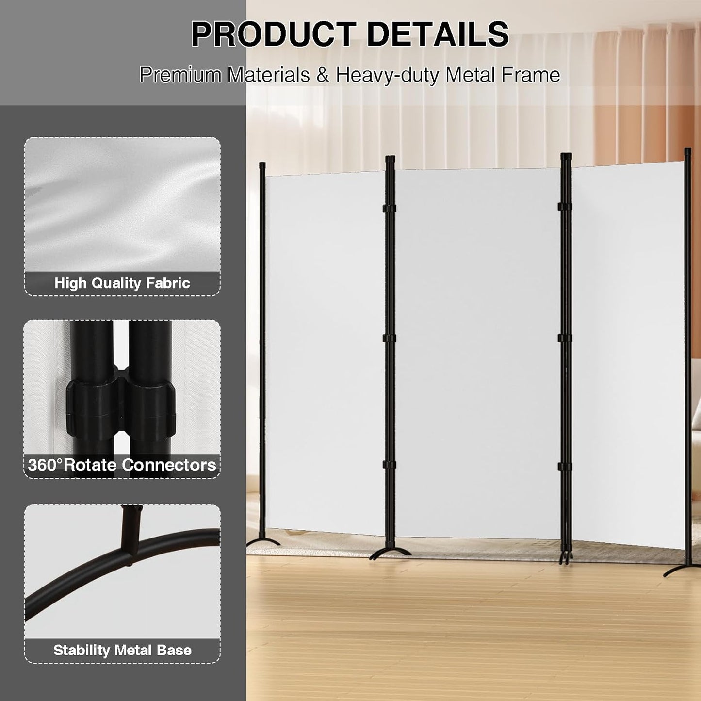 Room Divider 3-Panel Privacy Screen, Portable Screen Steel Frame with Hook&Loop for Home, Office, Classroom, Studio, Meeting (White