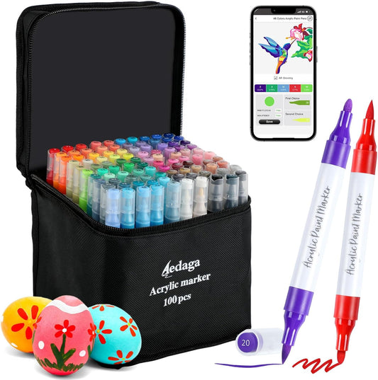 YHC 100 Colors Acrylic Paint Pens with Free App, Dual Tip Acrylic Paint Markers with Brush Tip and Fine Tip for Adults, Kids, Eggs, Wood, Rock, Canvas, Plastic, Stone, Glass, Ceramic