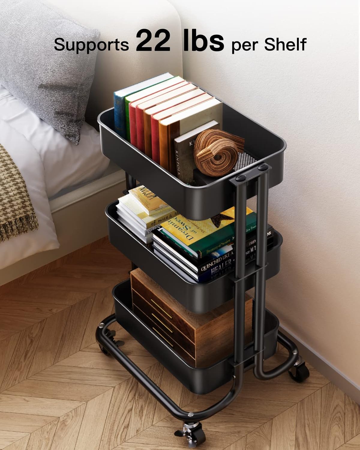 Pipishell 3 Tier Metal Rolling Utility Cart, Heavy-Duty Storage Rolling Cart with 2 Lockable Wheels, Multifunctional Mesh Organization Utility Cart for Kitchen Dining Room Living Room (Black)