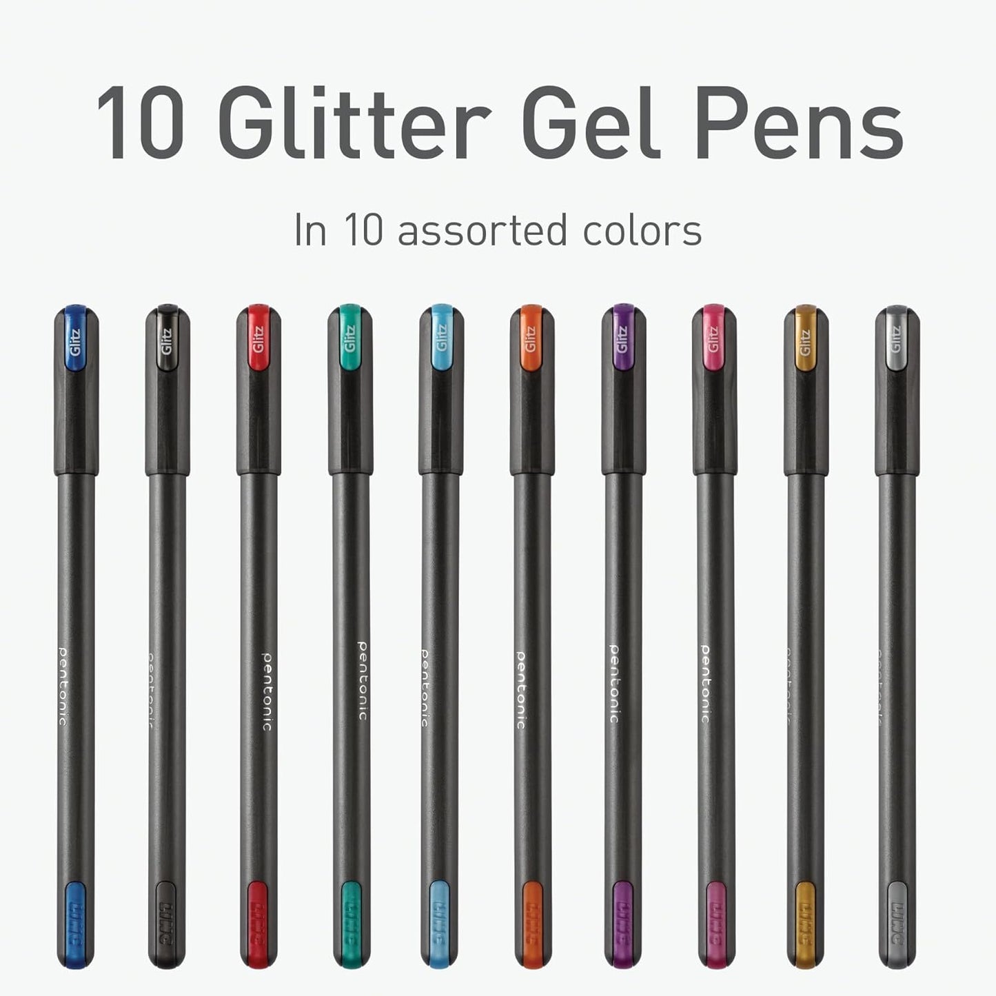 Pentonic Glitter Gel Pens, 10 Count, 10 Assorted Colors, 1.0 mm Bold Point, Smooth Writing For Journaling, Notetaking & Art Projects (1002365)