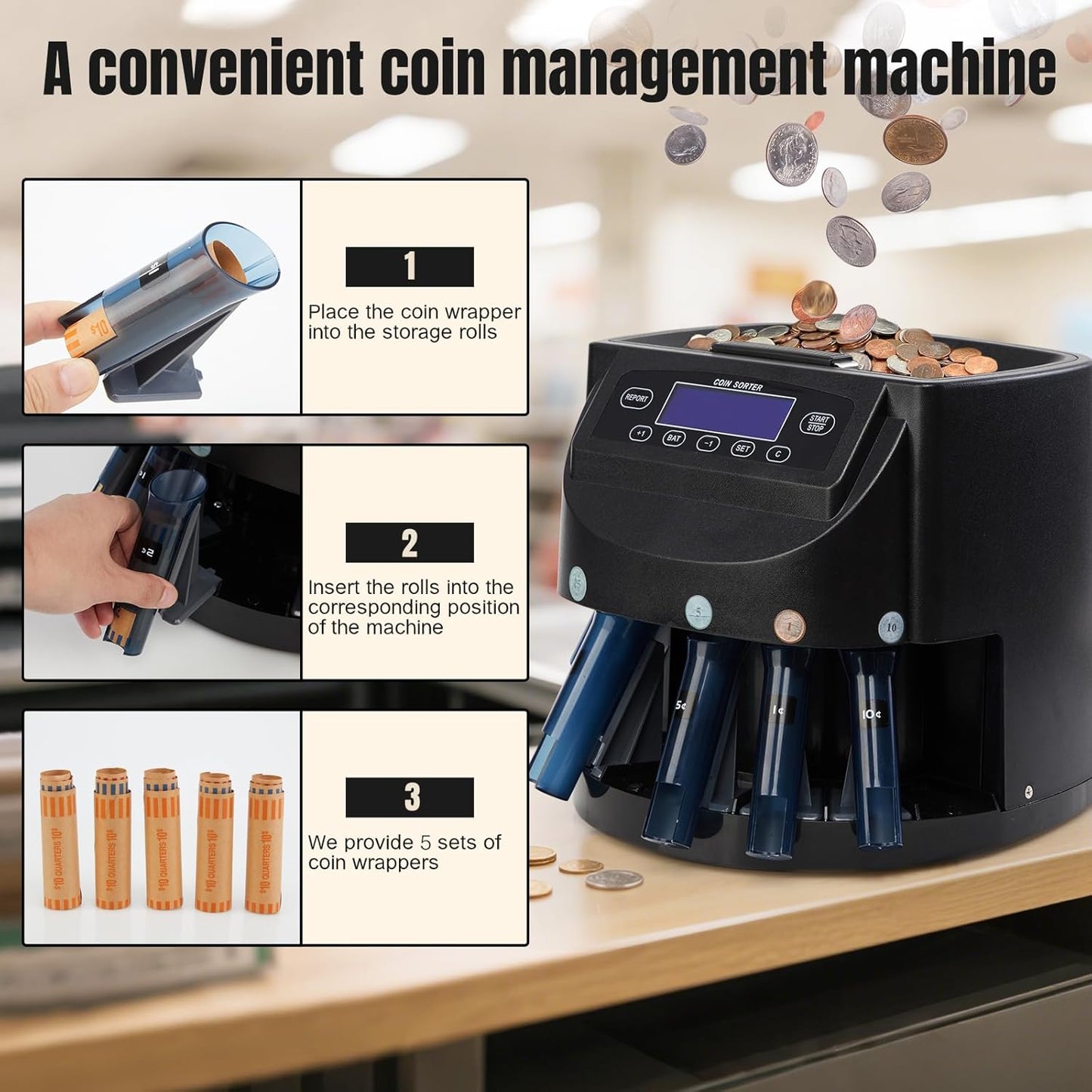 Coin Counter 300-Coin Capacity, USD Coin Sorter and Wrapper Machine Sort 270 Units/Min, Automatic Change Counter with LCD Display for 1￠ 5￠ 10￠ 25￠ $1, Included 5 Coin Bins & 5 Tubes & 5 Wrappers