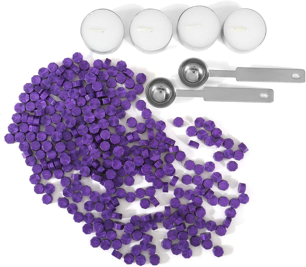 Purple Sealing Wax Beads, Yoption 300 Pieces Octagon Wax Seal Beads Kit with 2 Melting Spoon and 4 Candles for Seal Stamp (Purple)