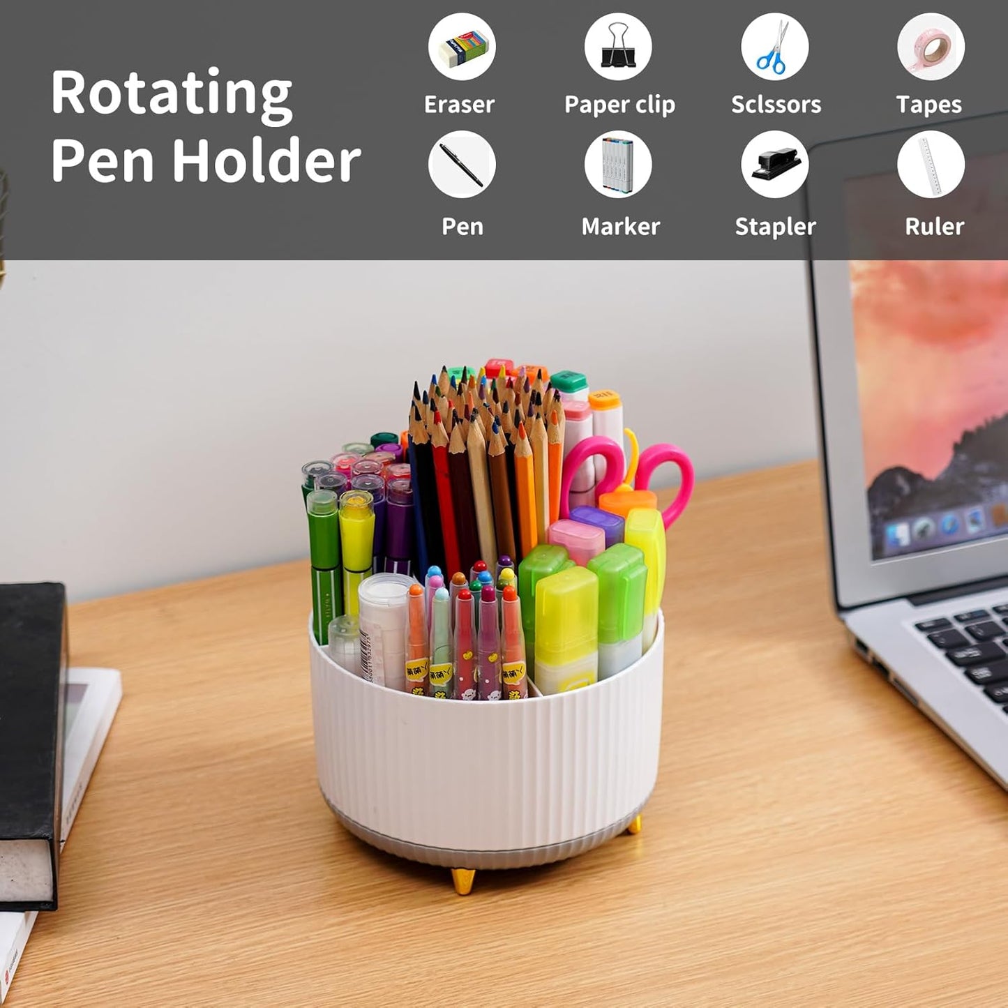 Marbrasse Desk Organizer, 360-Degree Rotating Pen Holder, Desk Organizers and Accessories with 5 Compartments Pencil Holder, Art Supply Storage Box Caddy for Office, Home (White+Grey)