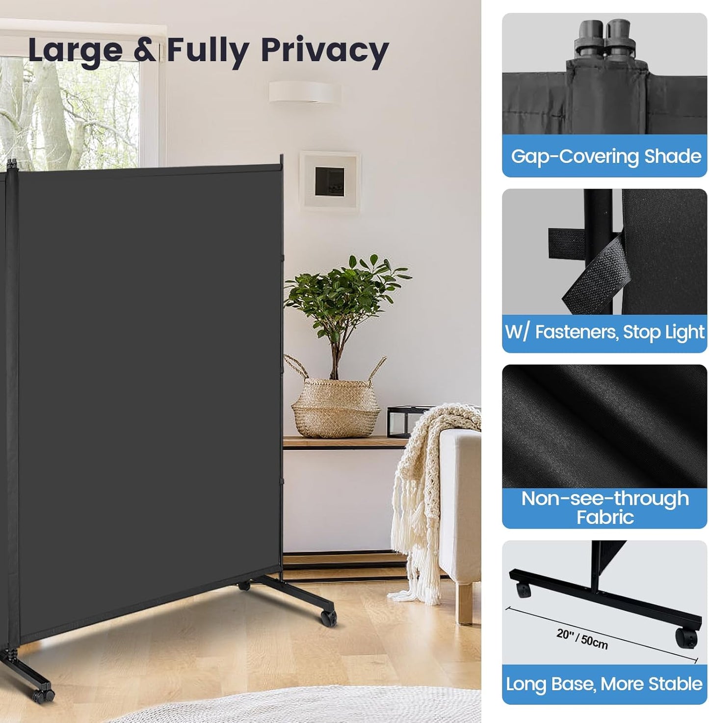 MAYOLIAH Indoor Room Divider 2 Large Panels on Wheels, 142”W x 75”H Rolling Privacy Screen W/Cover Strip, Portable Wall Divider for Home Office Partition, Grey