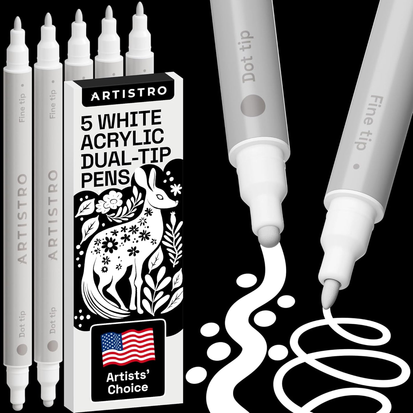 ARTISTRO 5 White Dual-Tip Acrylic Paint Pens for Rock, Ceramic, Glass, Wood, Fabric - White Markers for Acrylic Painting, 5mm Dot + 1mm Fine Tips