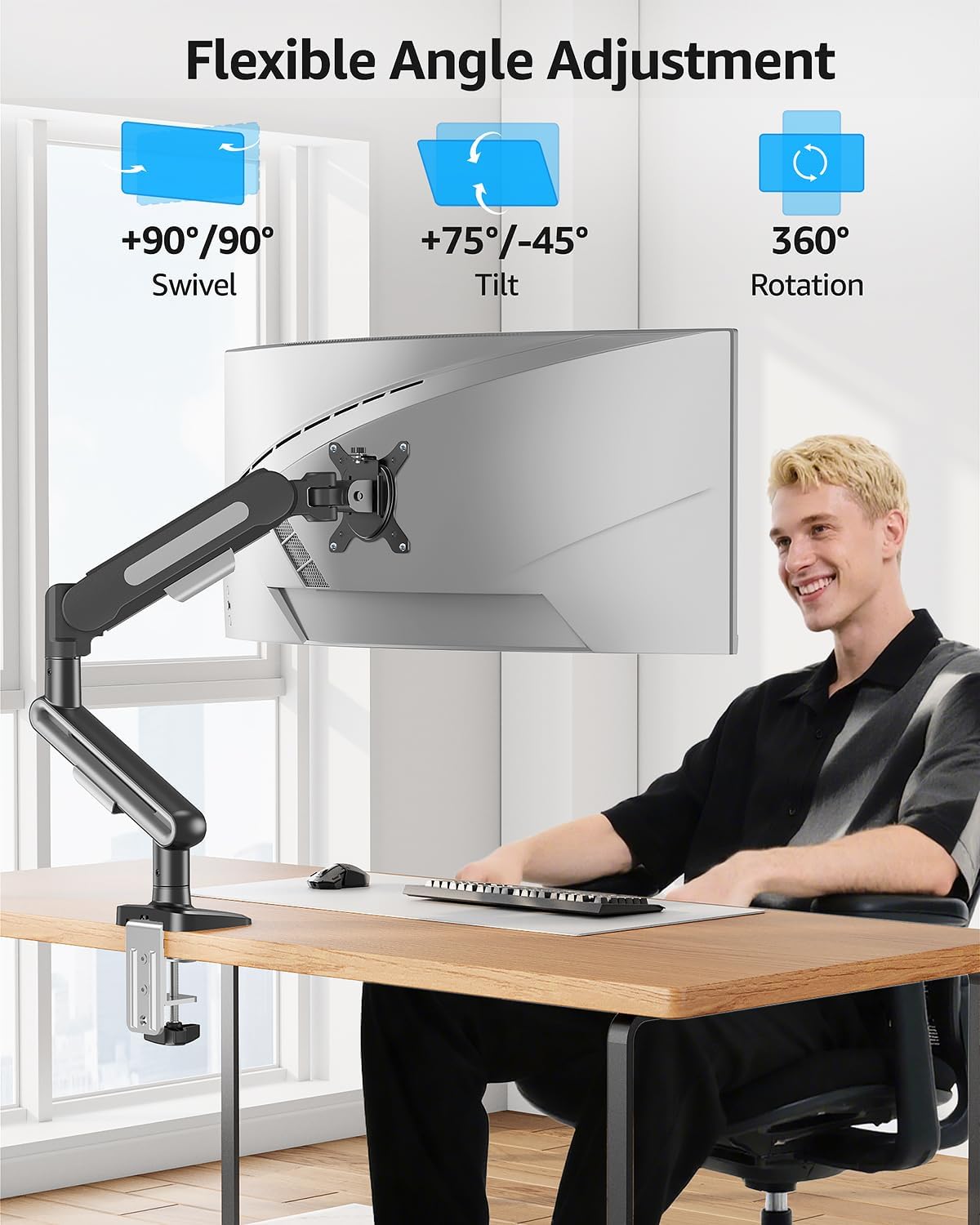 MOUNTUP Single Monitor Desk Mount for 4.4-26.5lbs, Heavy Duty Monitor Arm for 40 39 37 34 32 27inch, Full-Motion Monitors Stand, Height Adjustable Gas Spring Monitors Arm with C-Clamp＆Grommet Base
