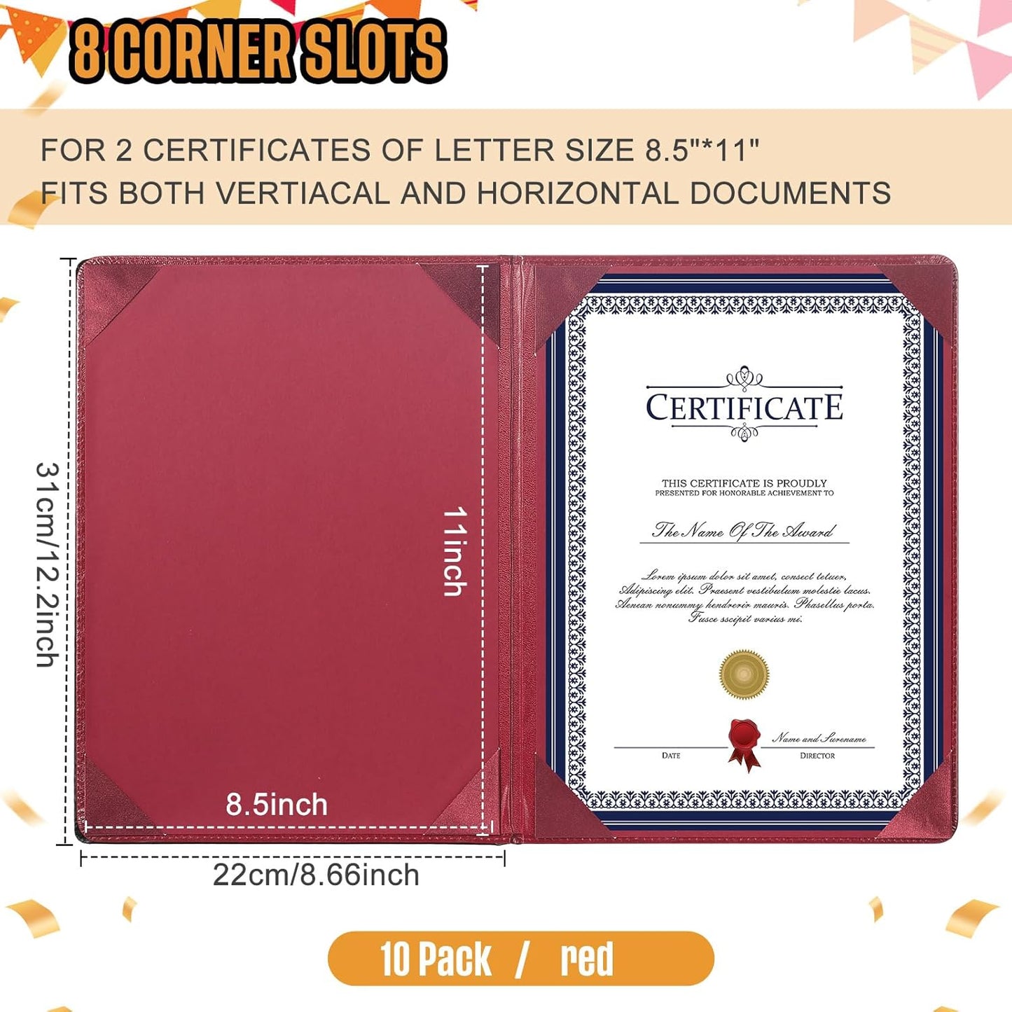 Tenare 10 Pcs Leather Certificate Holder 8.5 x 11 Inch PU Black Red Blue Purple Phd Bachelor Master Diploma Cover Professional Award Folder for Official Graduation Competition Contest Charity (Red)