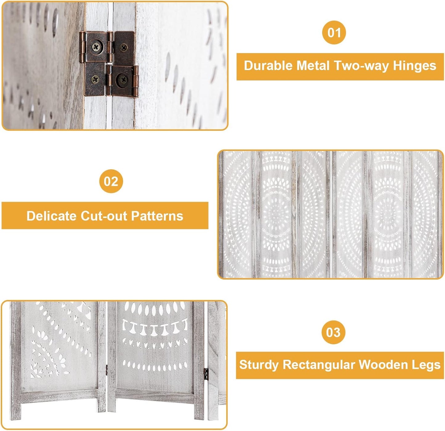 6 Panel Handcrafted Carved Room Divider Screen, 360° Adjustable Wood Folding Privacy Screens for Room Separation, 66.9 Inch Partition Room Dividers for Home Bedroom Office, White