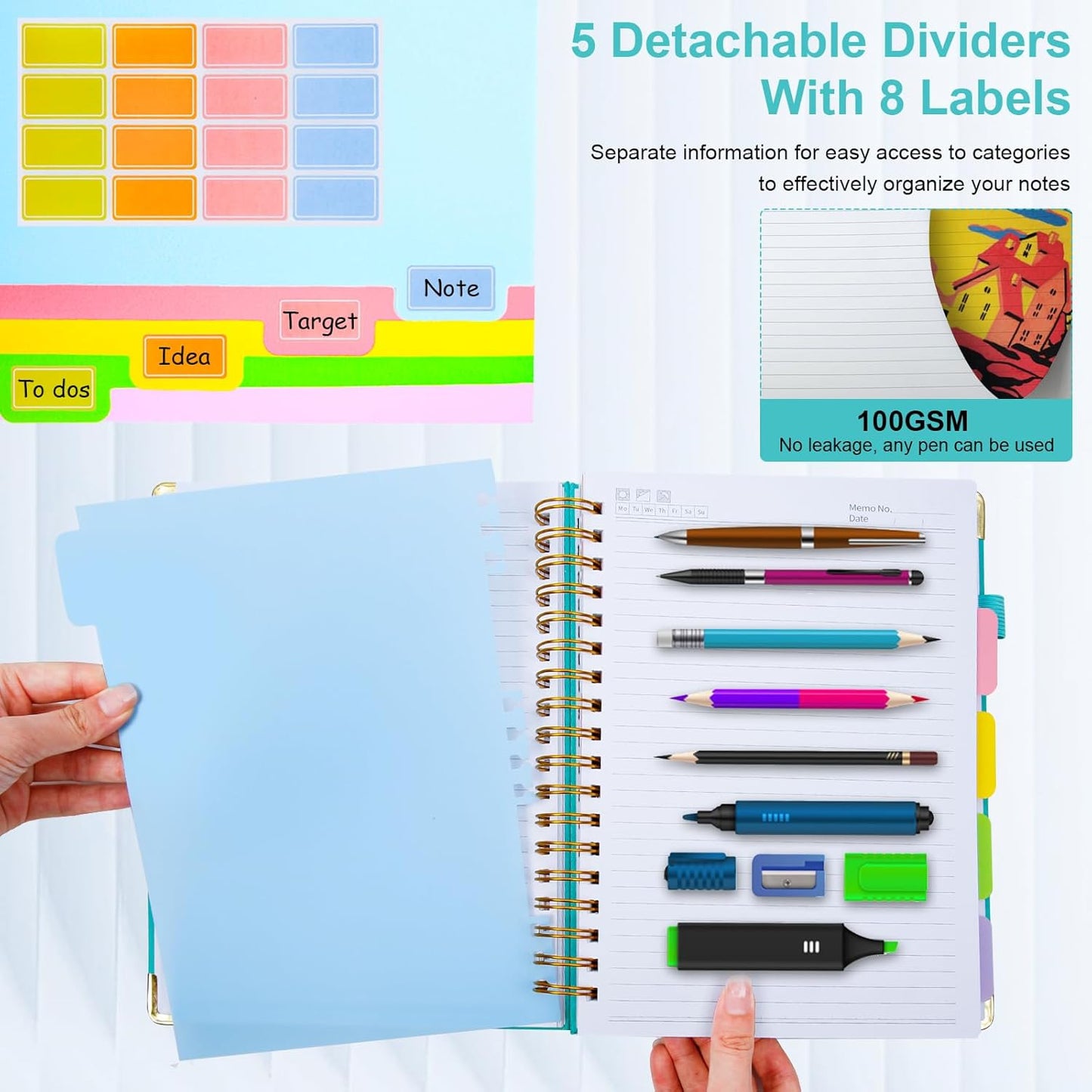 Hardcover Spiral Notebook 8"x10" Journal Notebook with Tabs and Removable Dividers 300 Pages 5 Subject Notebook College Ruled, Faux Leather Spiral Bound Notebook for Women, Students, School Work (Blue)