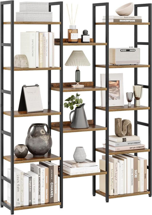 OTK Triple Column 5 Tier Bookshelf, Large Bookcase with 14 Open Display Shelves, Adjustable Industrial Book Shelf with Baffles, Wide Bookshelves for Bedroom, Living Room and Home Office, Rustic Brown