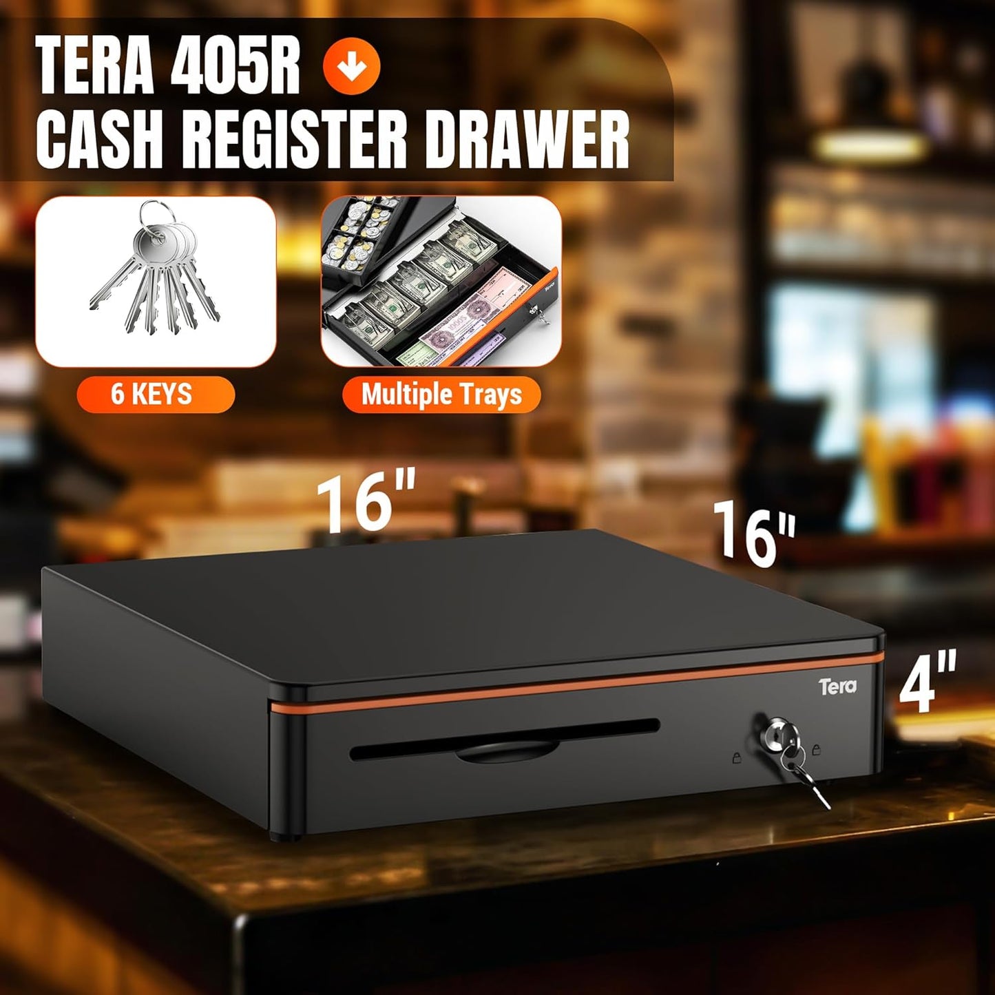 Tera 16 inch Auto Open Cash Drawer with Heavy Duty Insert Tray 5 Bill 8 Coin for POS System Removable Cash Tray Media Slot 24V RJ12 Key-Lock (Round Corner) for Small Business Retail 405R