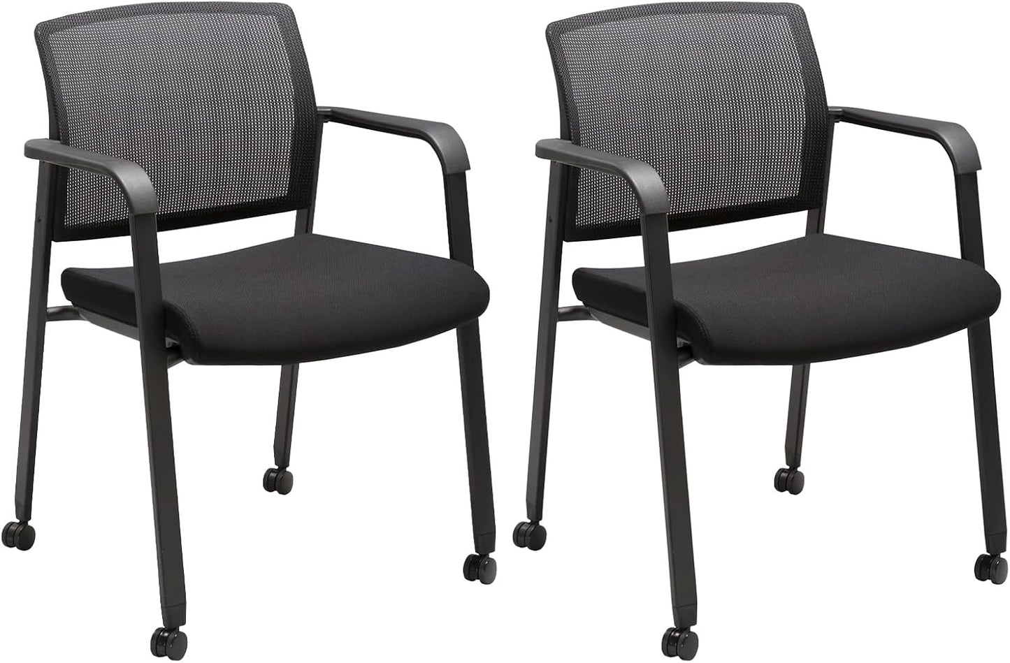 CLATINA Black Waiting Room Chair with Wheels Mesh Back Stacking Arm Chairs with Upholstered Fabric Seat and Ergonomic Lumbar Support for Office School Church Guest Reception