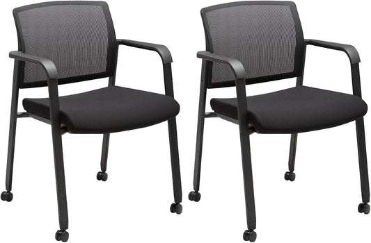CLATINA Black Waiting Room Chair with Wheels Mesh Back Stacking Arm Chairs with Upholstered Fabric Seat and Ergonomic Lumbar Support for Office School Church Guest Reception